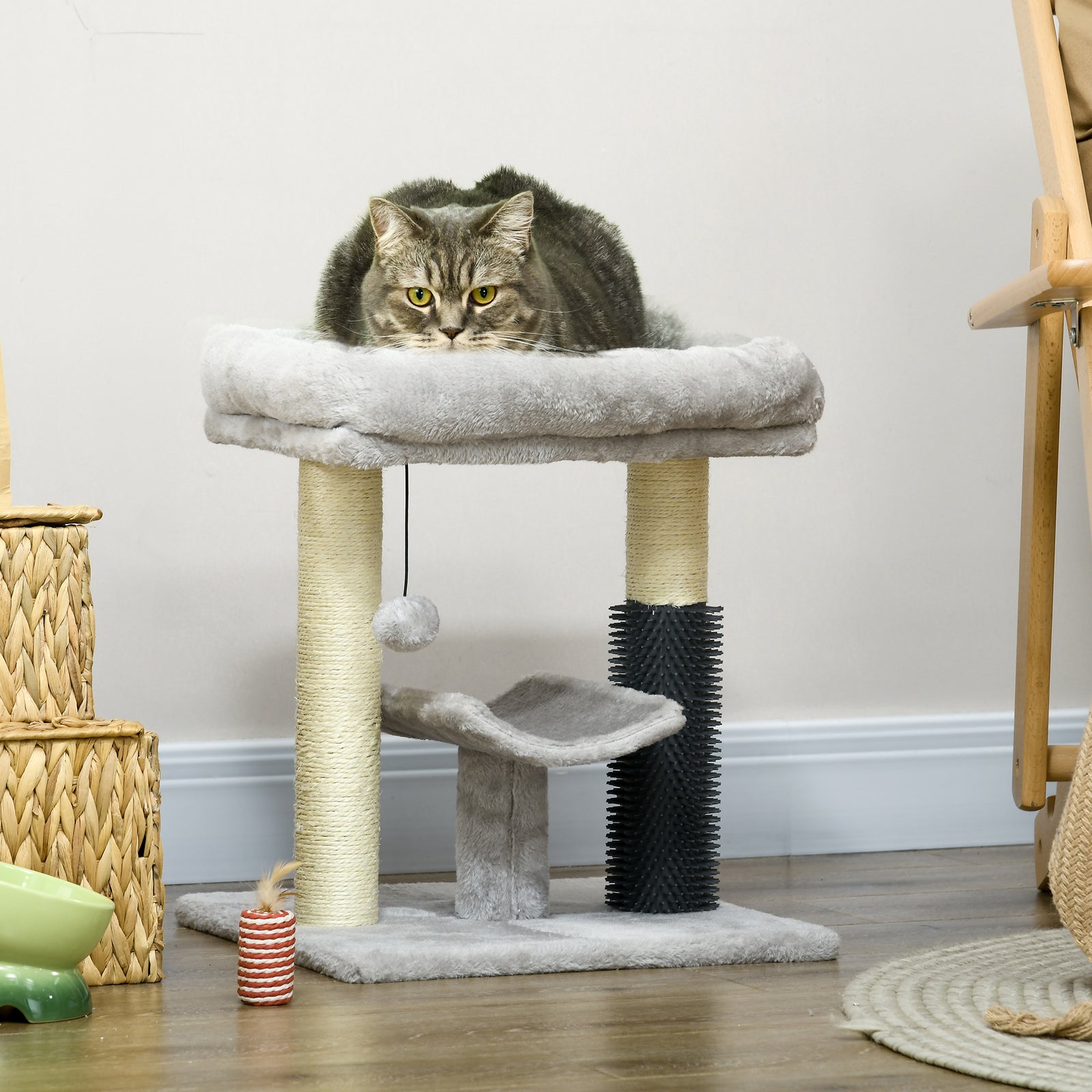 Small Cat Tree Tower W/ Scratching Posts, Bed, Perch, Self Groomer, Toy