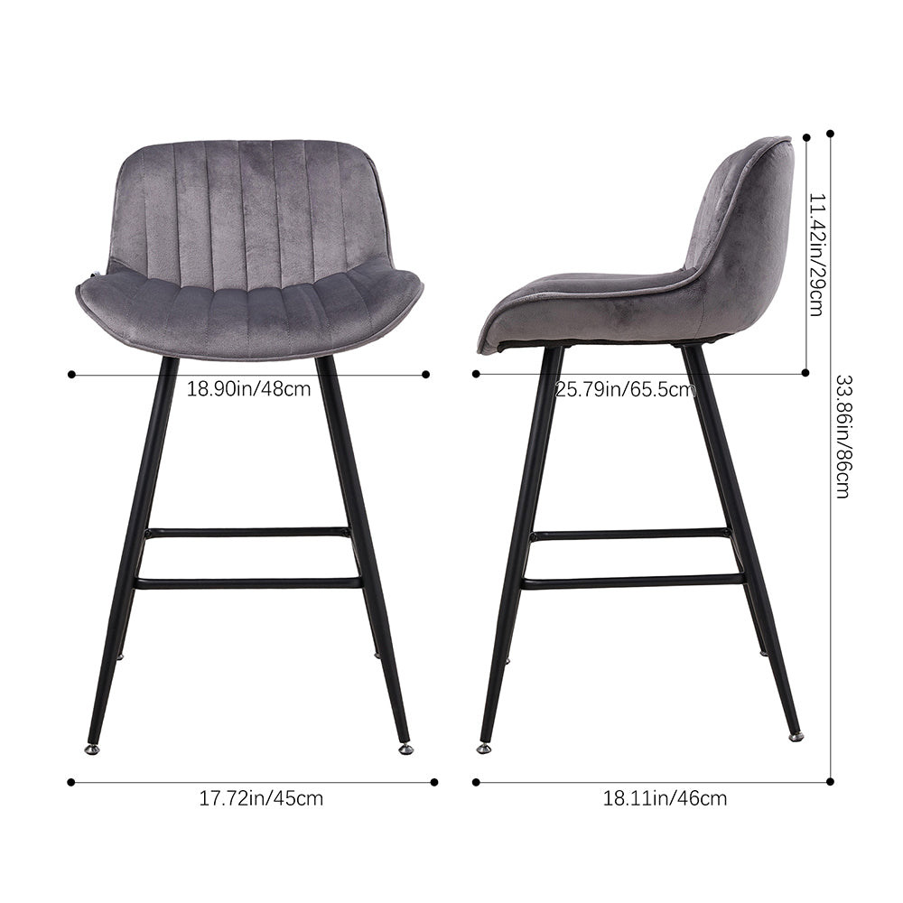 Set Of 2 Modern Flannel Bar Stools With Backrest – Soft Padded Seat, Metal Legs | Grey