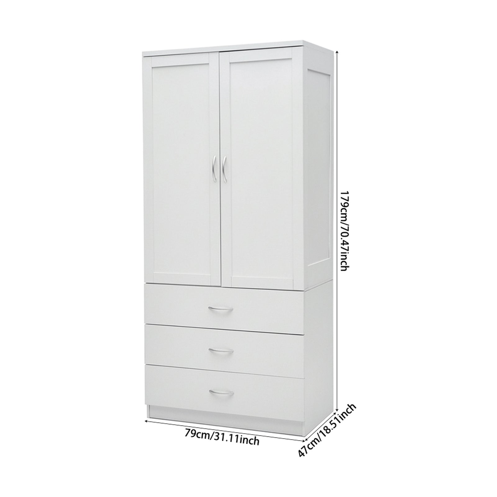 2-door Wardrobe With 3 Drawers & Hanging Rail | White