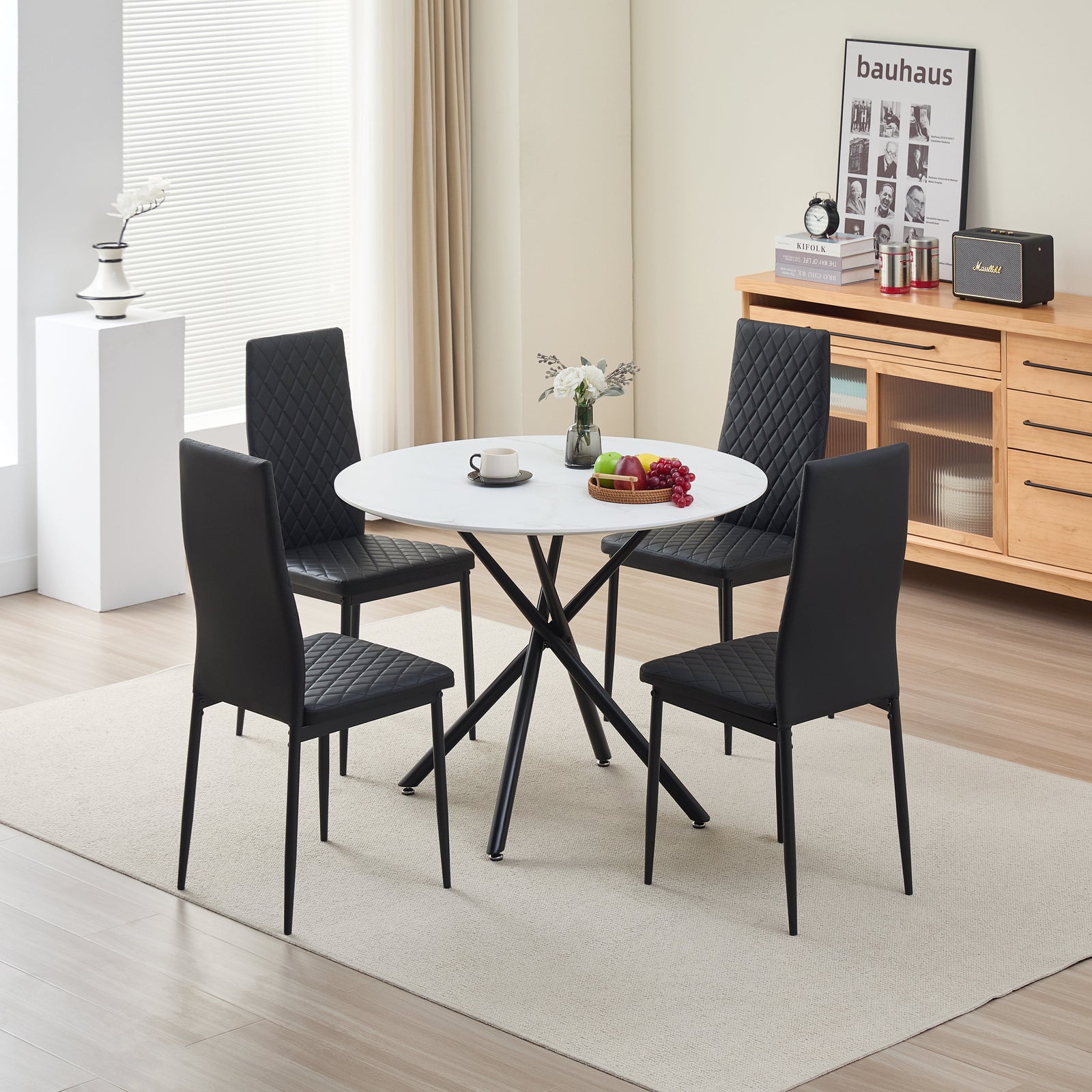 Stylish Seattle Dining Table Set With 4 Emily Faux Leather Chairs | Black