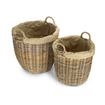 Set Of 2 Tall Round Fireside Grey Rattan Log Basket With Removable Cordura Lining