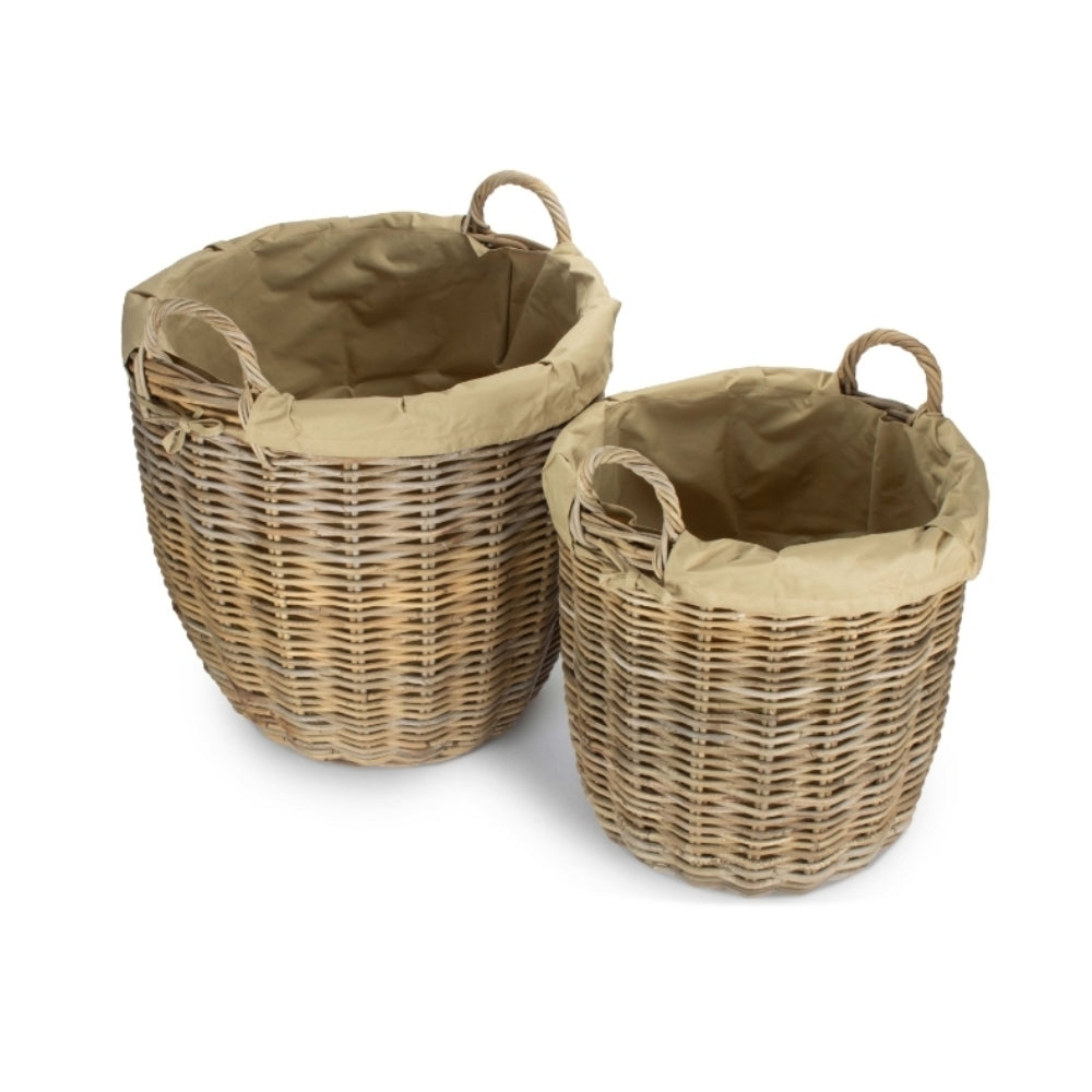 Set Of 2 Tall Round Fireside Grey Rattan Log Basket With Removable Cordura Lining