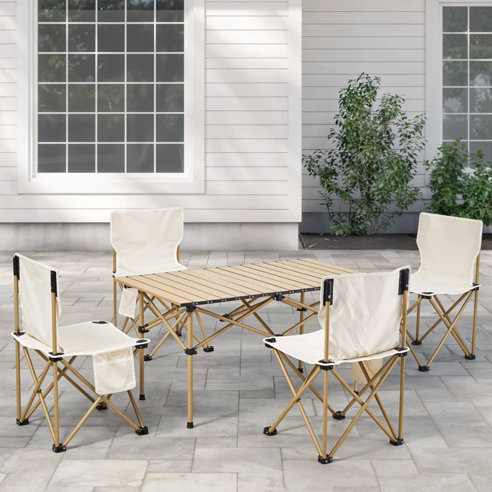 Set Of 5 Portable Folding Camping Table And Chair Set – Lightweight And Compact Outdoor Furniture | Beige