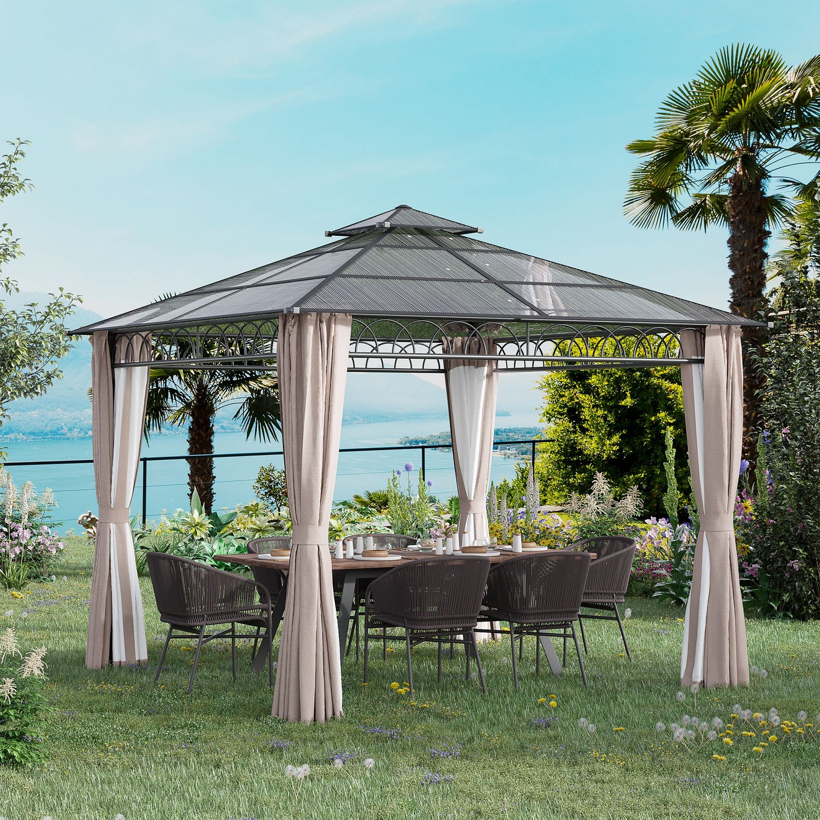Double roof Hard Top Gazebo With Nettings & curtains | Medium | Black
