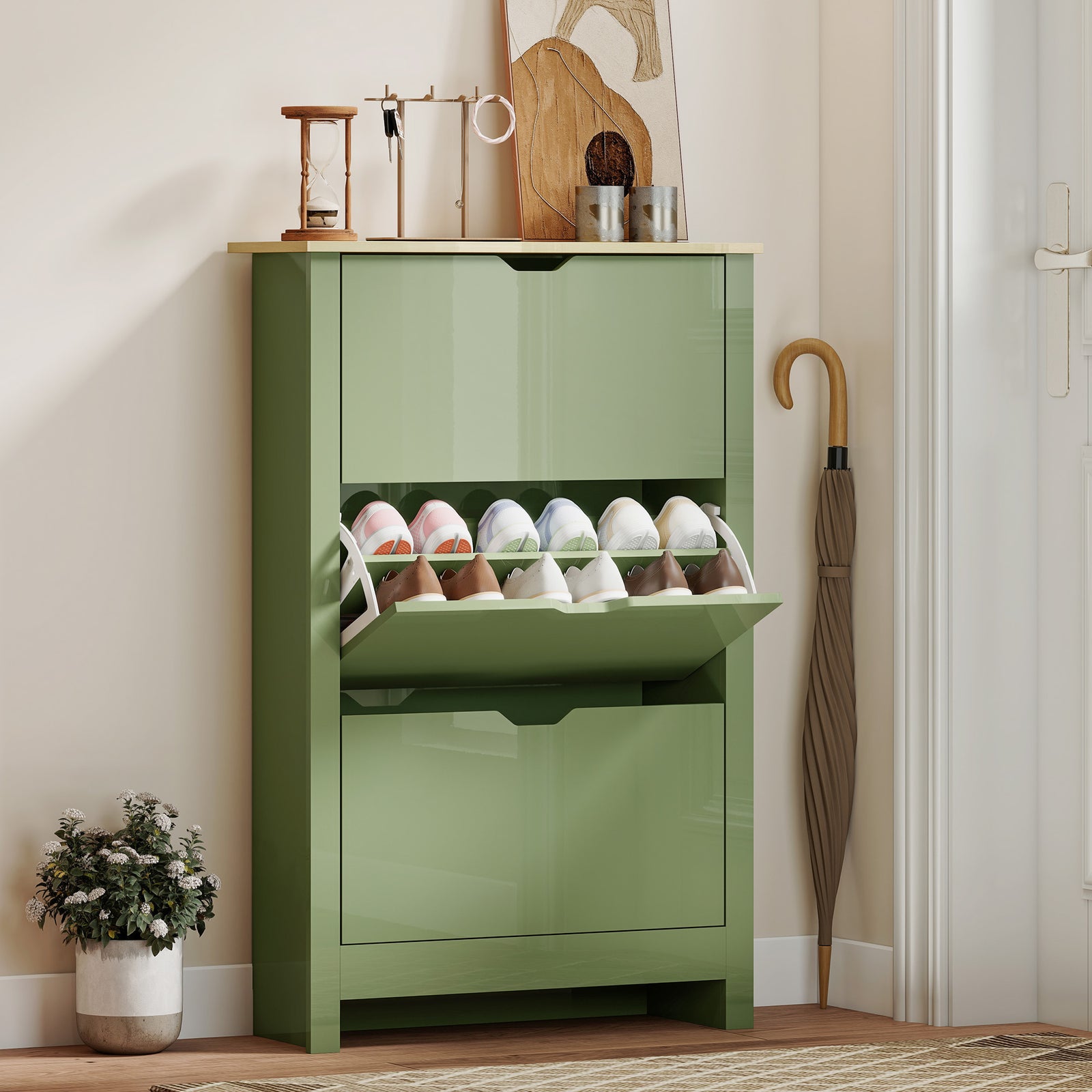 18-shoe Storage Cabinet 6 Shelves 3 Drawers Tabletop High | Green