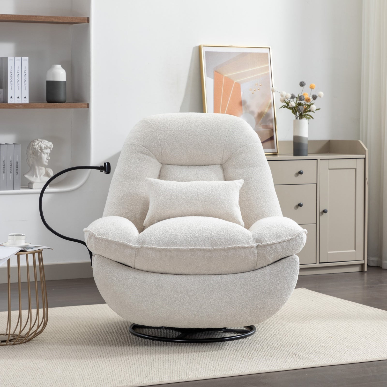 Fallon Boucle Fabric Swivel Based Recliner Chair Phone Holder | Cream