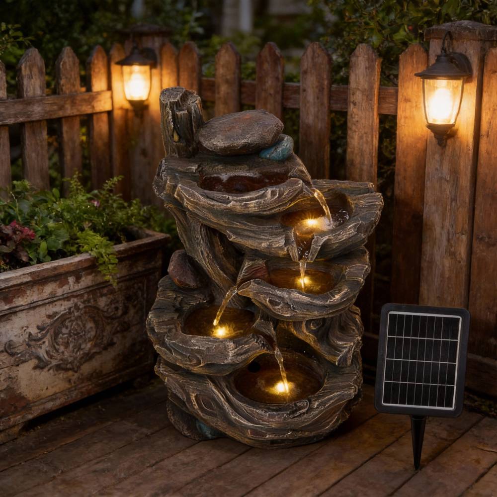 Solar-powered Wooden-style Tiered Water Fountain With Led Lights – Tranquil Garden & Balcony Cascade