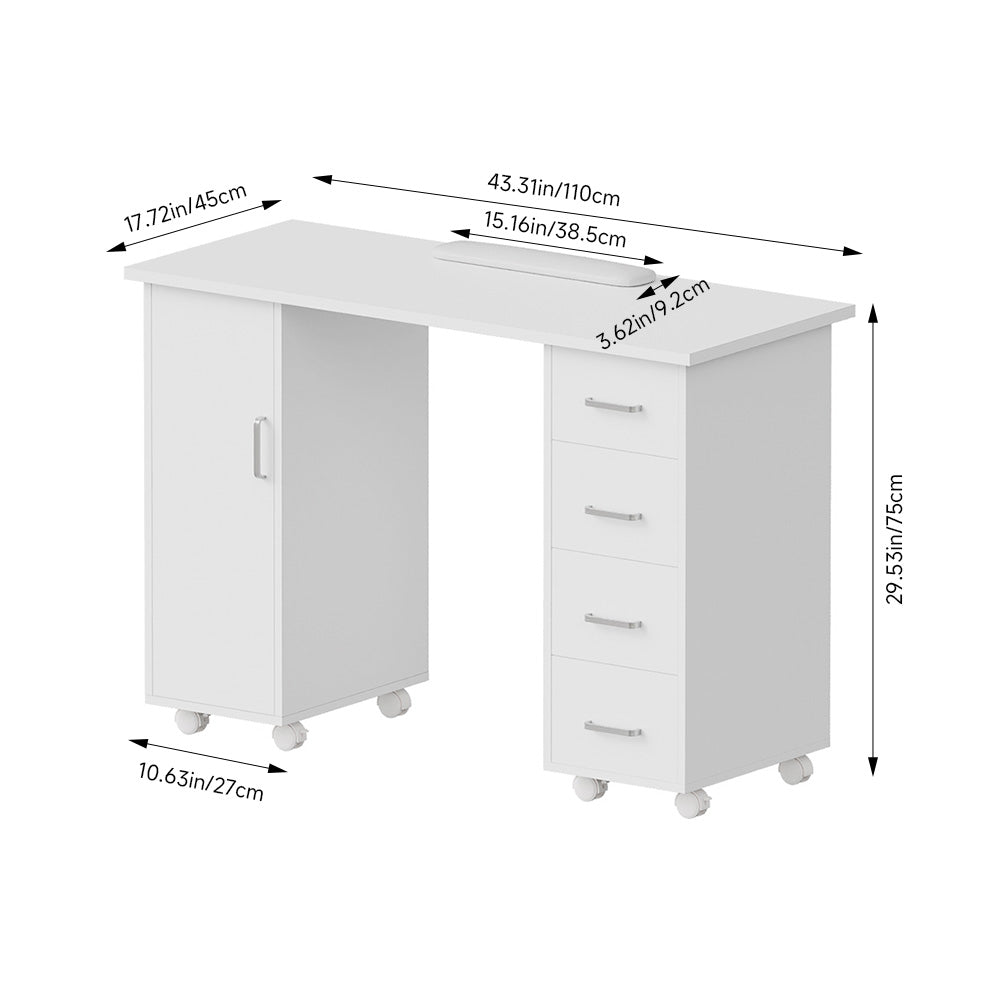 Mobile Manicure Table With 1 Cabinet And 4 Drawers | White