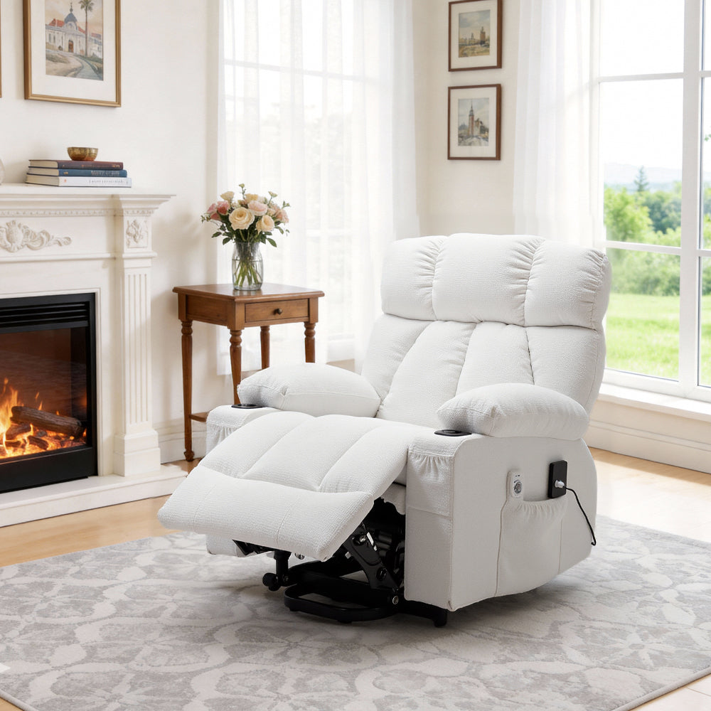 Electric Power Lift Recliner Chair With Heat & Massage, Chenille Fabric Recliner | White