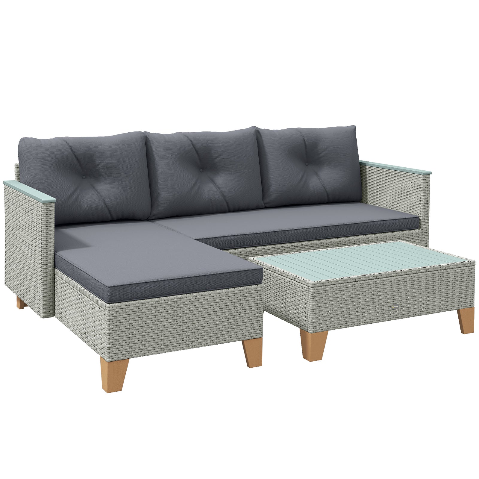 3 Pieces Rattan Lounge Set, L-shaped With Wood Table | Charcoal Gray