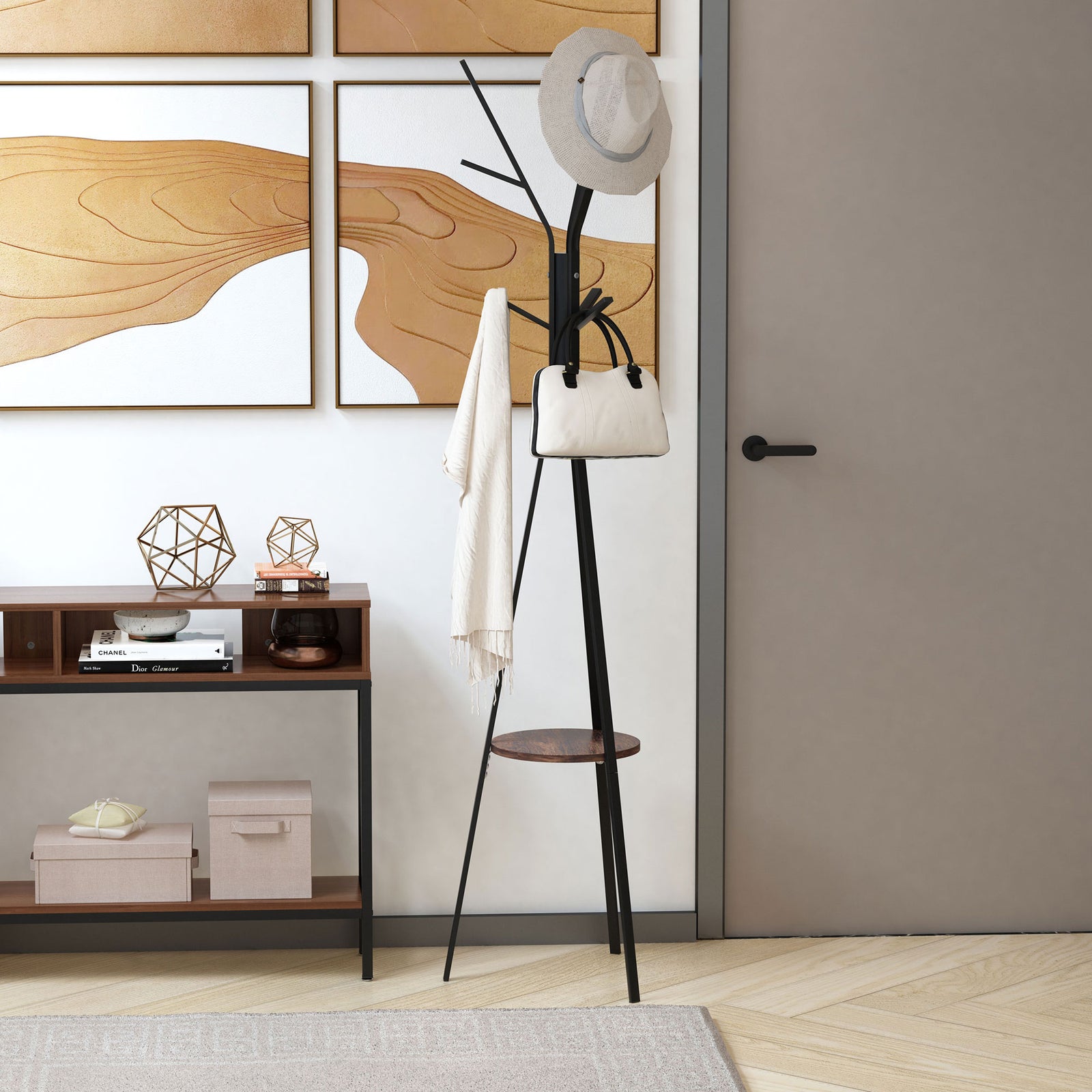 180cm Free Standing Coat Rack Metal Shelf Holder Stand | One Size | Brown