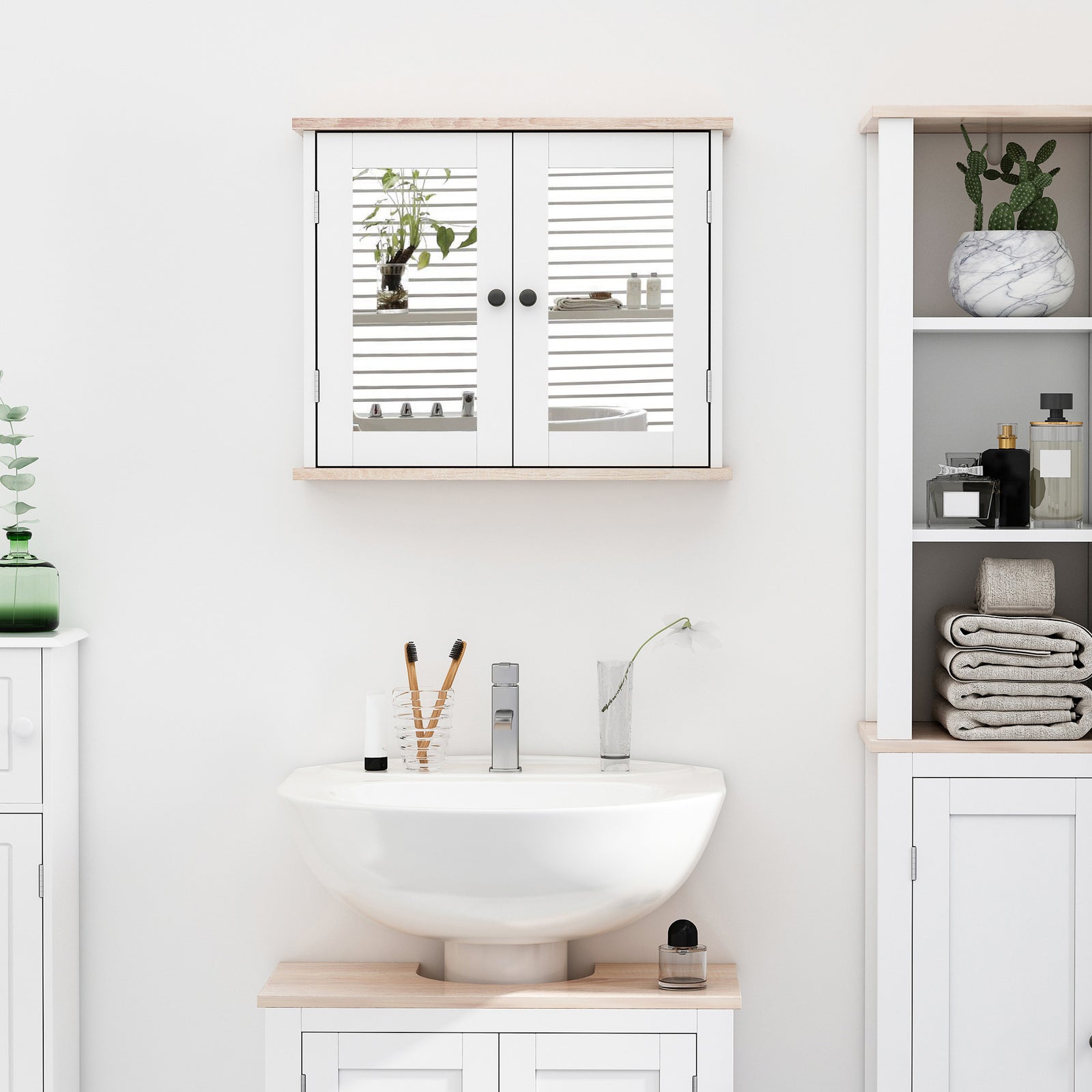 Bathroom Mirror Cabinet Wall Mounted W/ Double Door