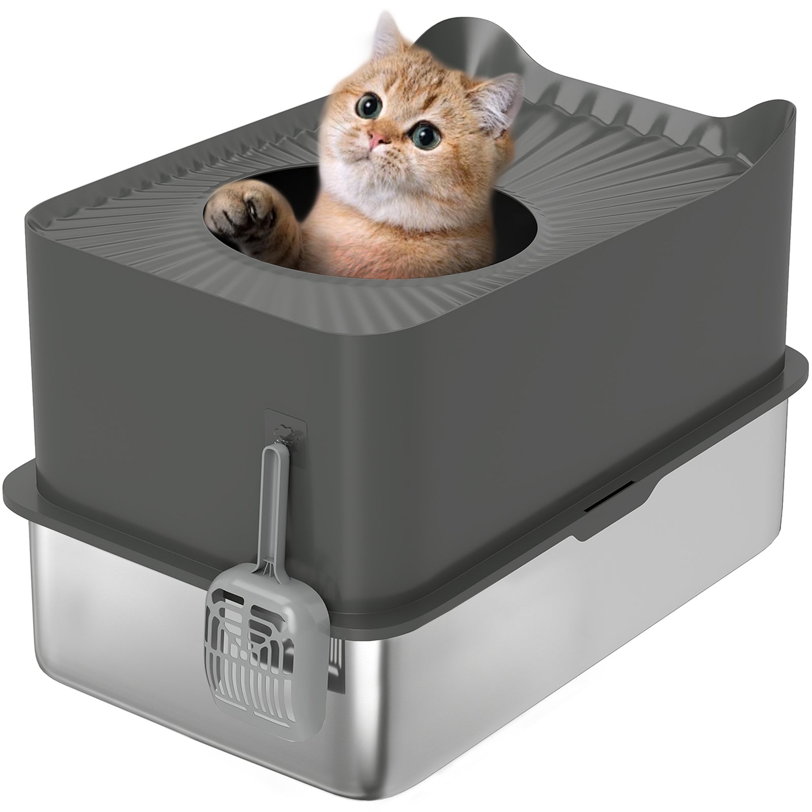 Pawhut Stainless Steel Cat Litter Box, Enclosed Metal Litter Tray, Dark Grey