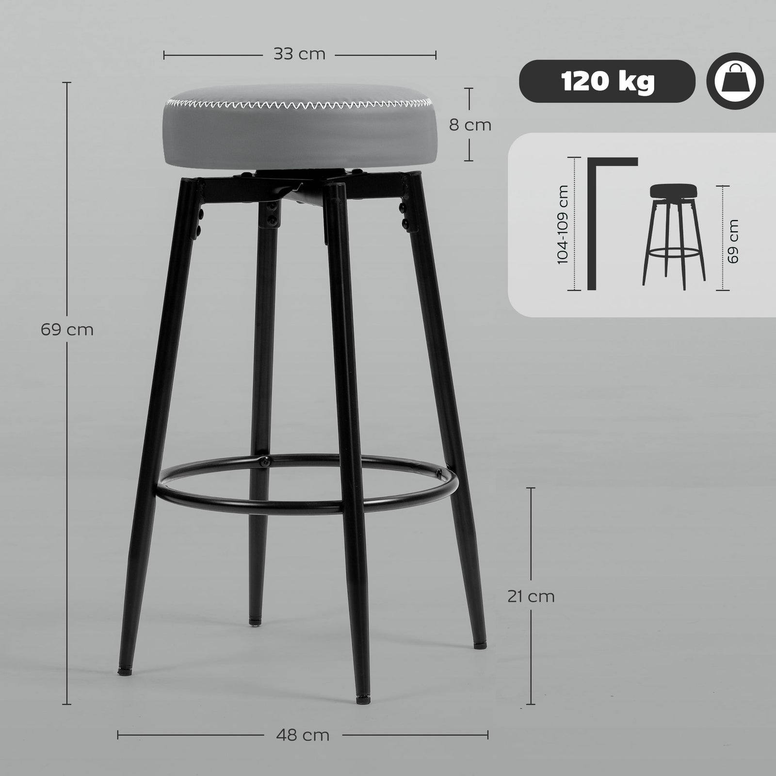 Swivel Bar Stools Set Of 2, Pu Leather Barstools With Footrest | Grey