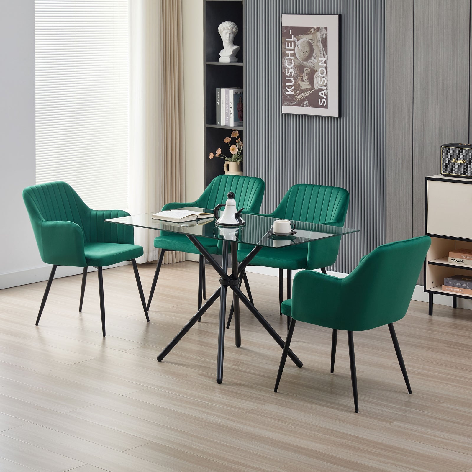 Elegant Miami Dining Table Set With 4 Velvet Charlotte Chairs | Green