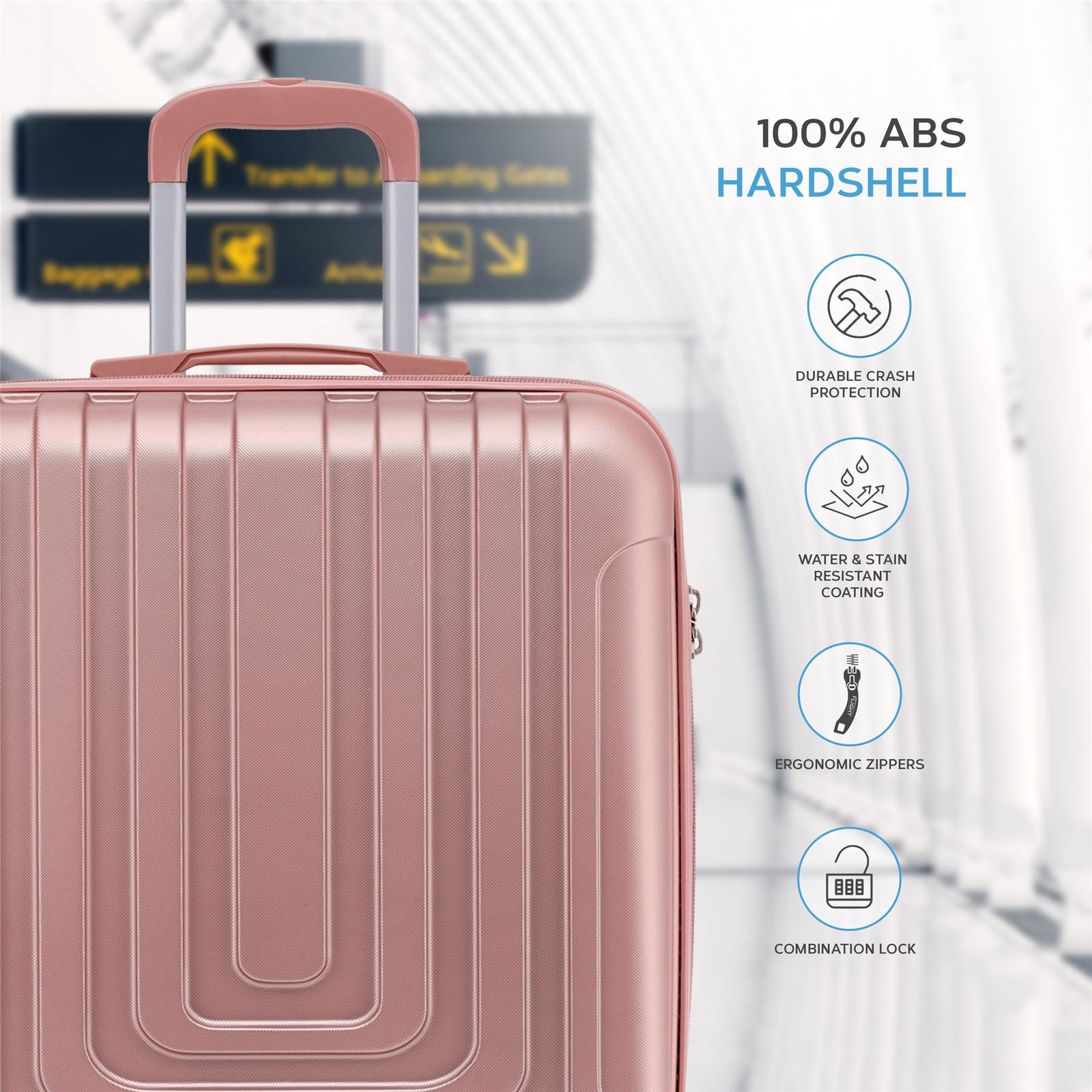 56x45x25cm Large Cabin Carry On Case - Overhead Luggage Suitcase - 4 Spinner Wheels - Abs Hard Shell Cabin Bag | Cabin | Rose Gold