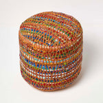 HOMESCAPES Red And Multi-colour Chindi Design Circular Bean Filled Pouffe