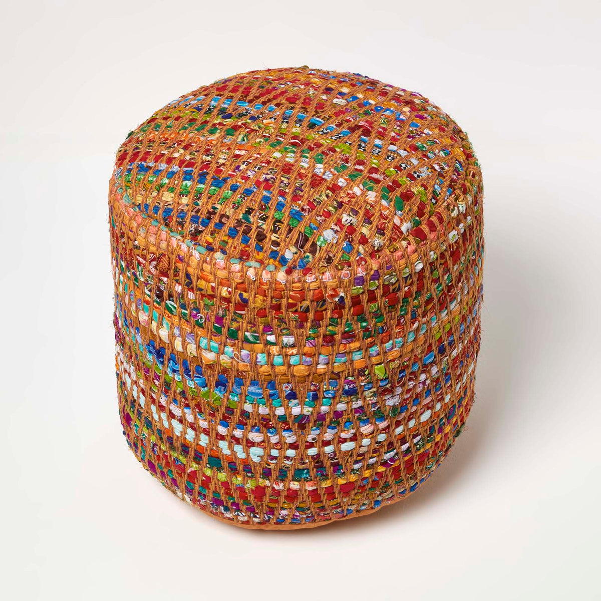 HOMESCAPES Red And Multi-colour Chindi Design Circular Bean Filled Pouffe