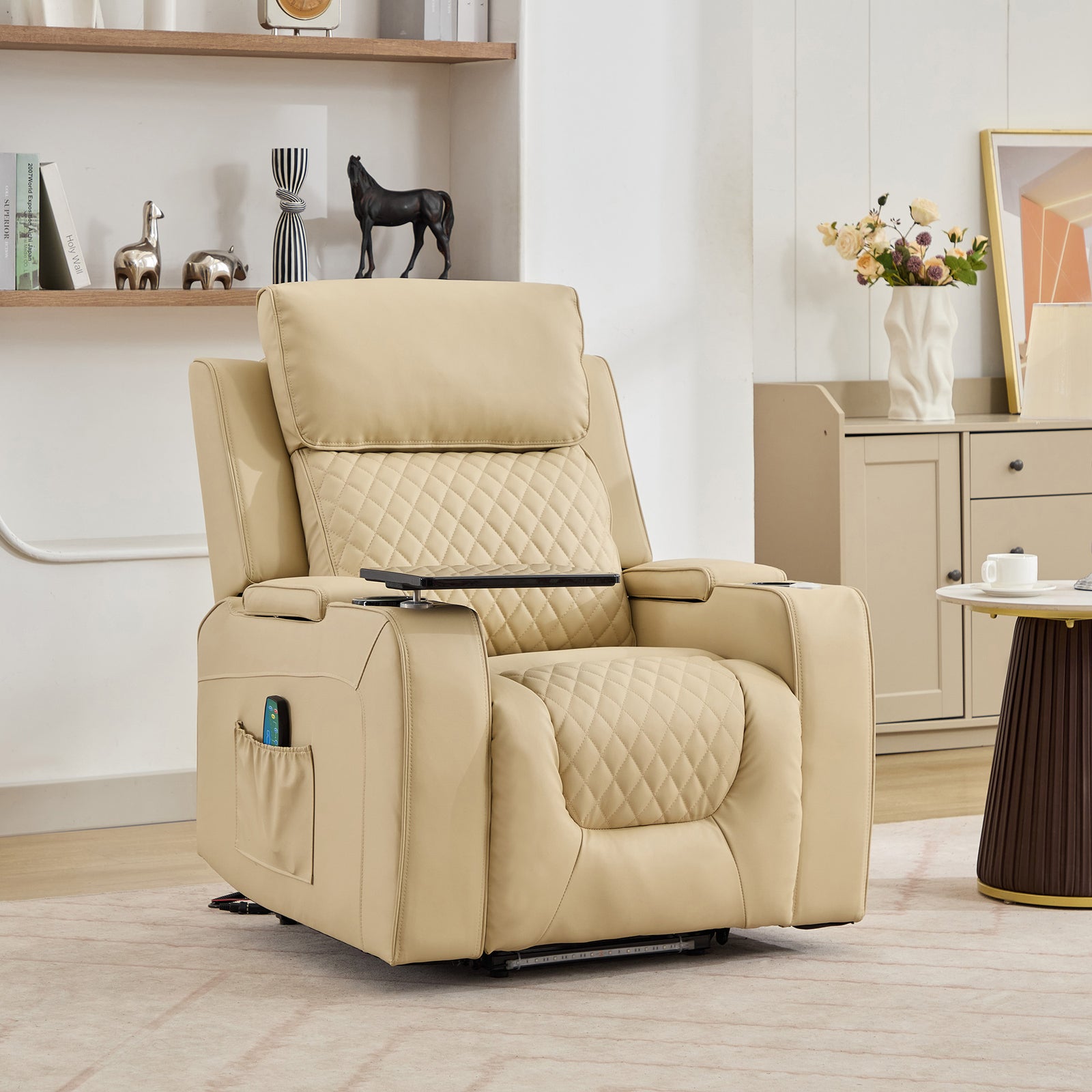 Byron Electric Riser Recliner Chair With Massage And Heat, Drink Cooler, Table | Cream
