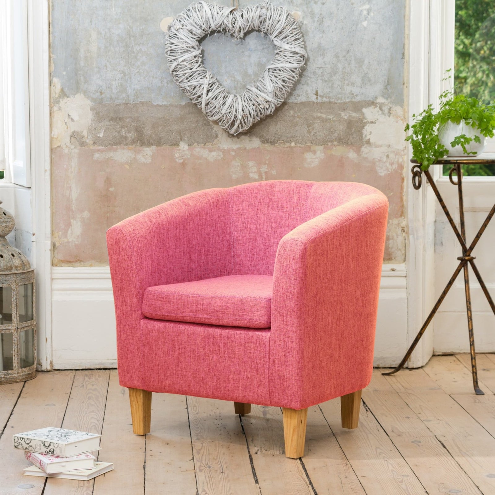 Alderwood 68cm Wide Hessian Fabric Tub Chair With Pine Coloured Legs | Pink