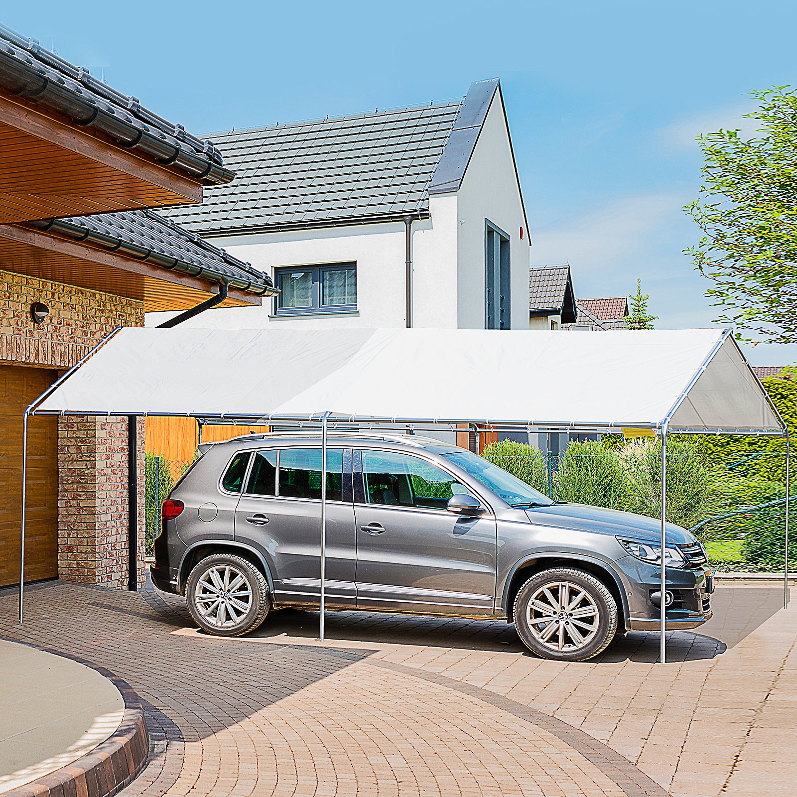 2-rooms Outdoor Carport Galvanized Steel Tent Uv Resistant | White