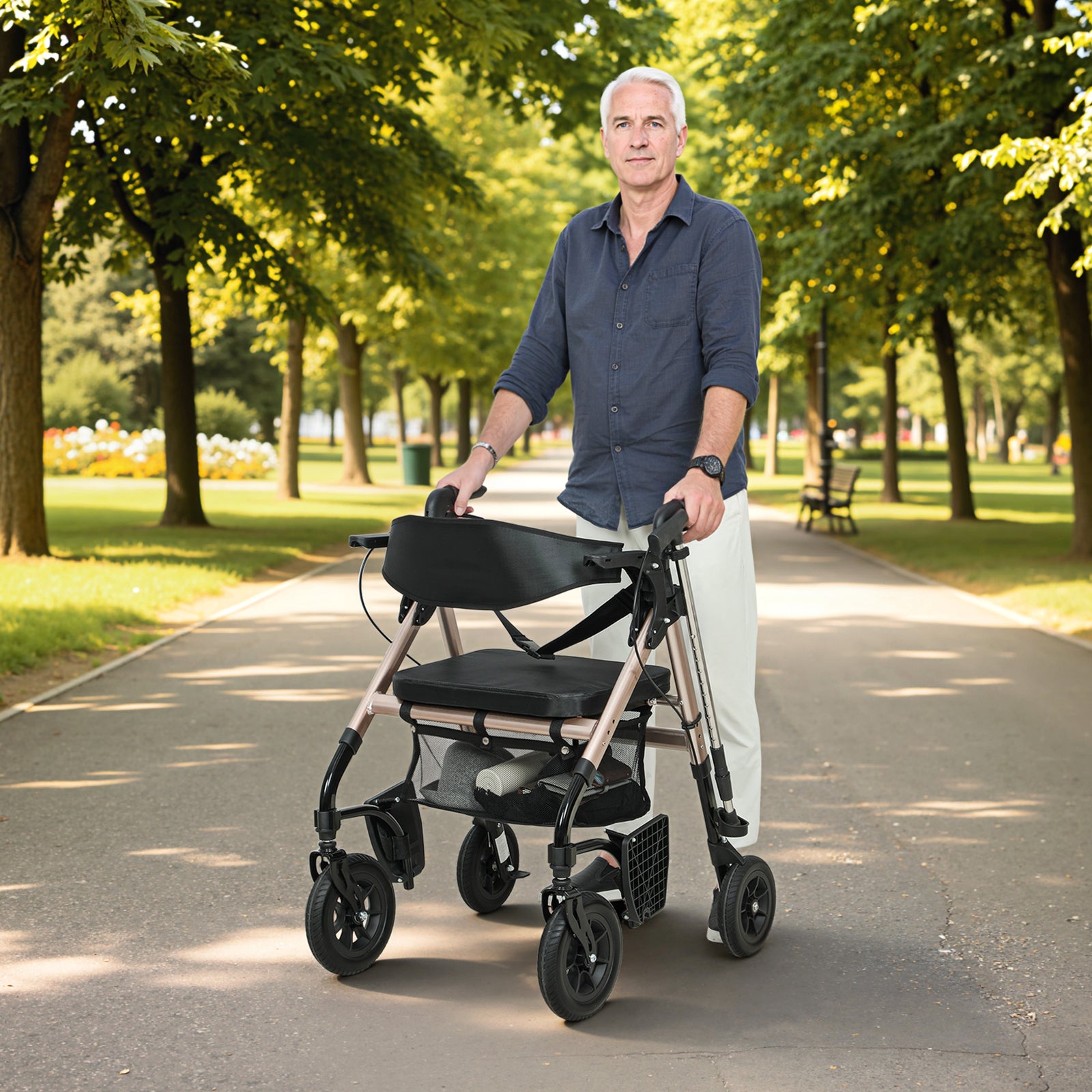 2-in-1 Mobility Walker With Seat, Foldable Rollator With Footrests