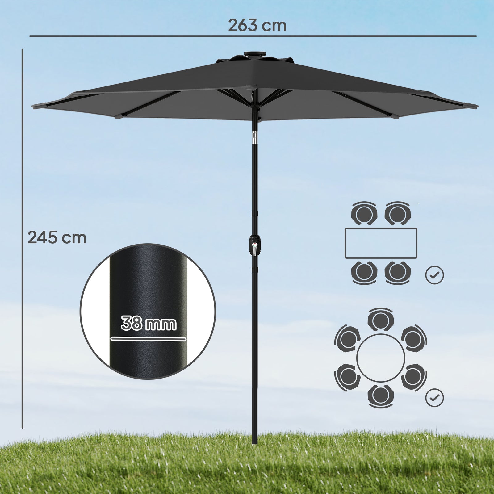 2.6 M Garden Parasol Umbrella With Light, Outdoor Patio Umbrella | Black