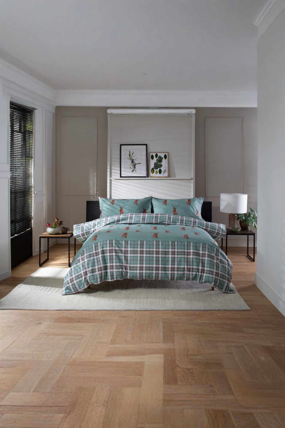 Highland Fell 100% Cotton Duvet Cover Set – Stag Printed Bedding With Piped Edging | Single | Green