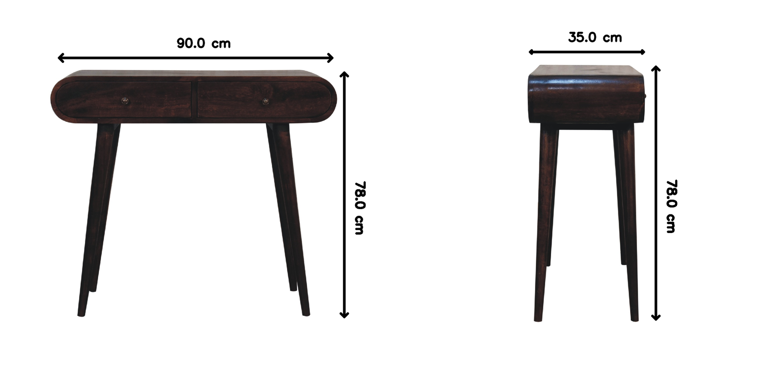 Light Walnut Curved Edge Console Table, 2 Drawers, Dark Brown