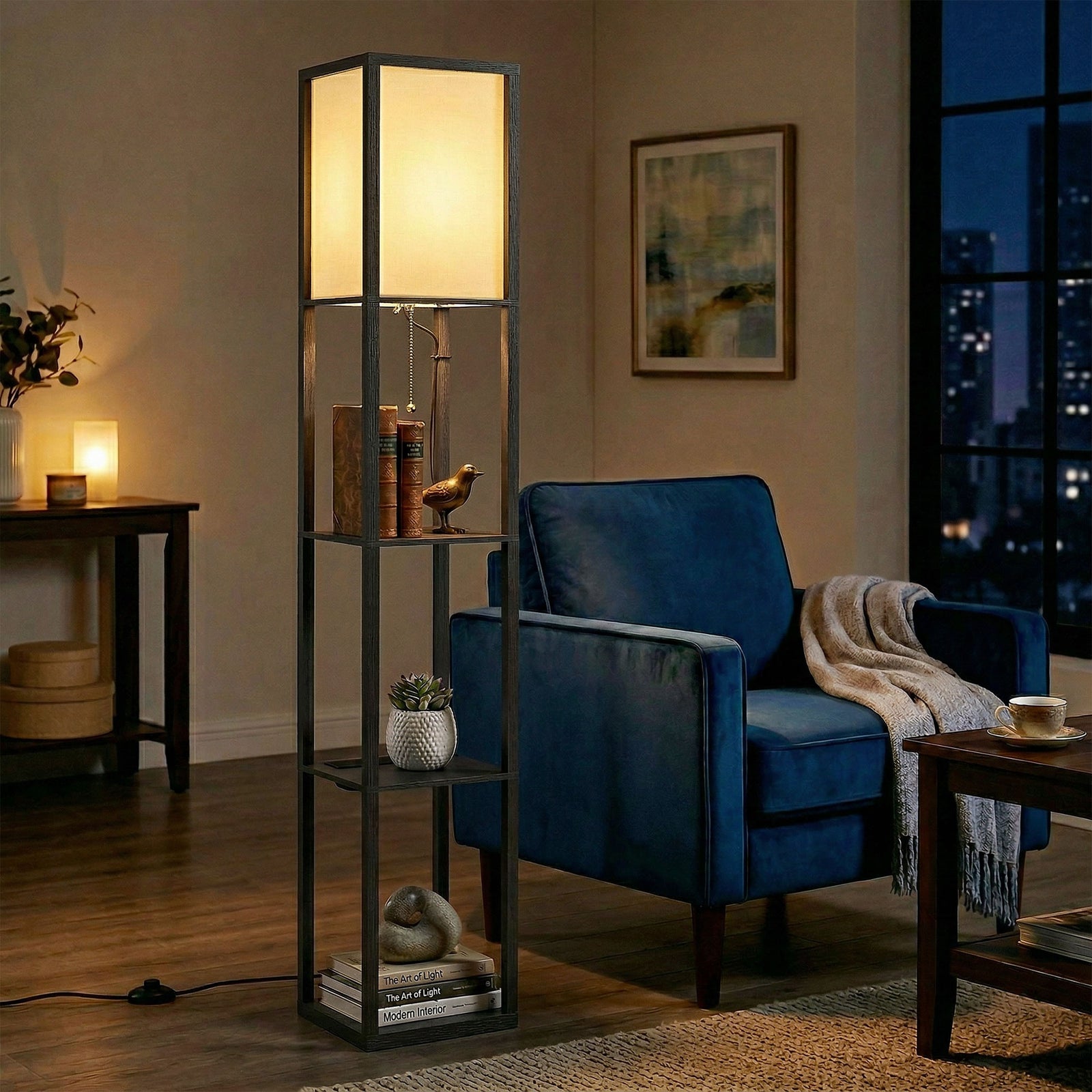 Floor Lamp With 3-tier Storage Shelf For Home Office | Black