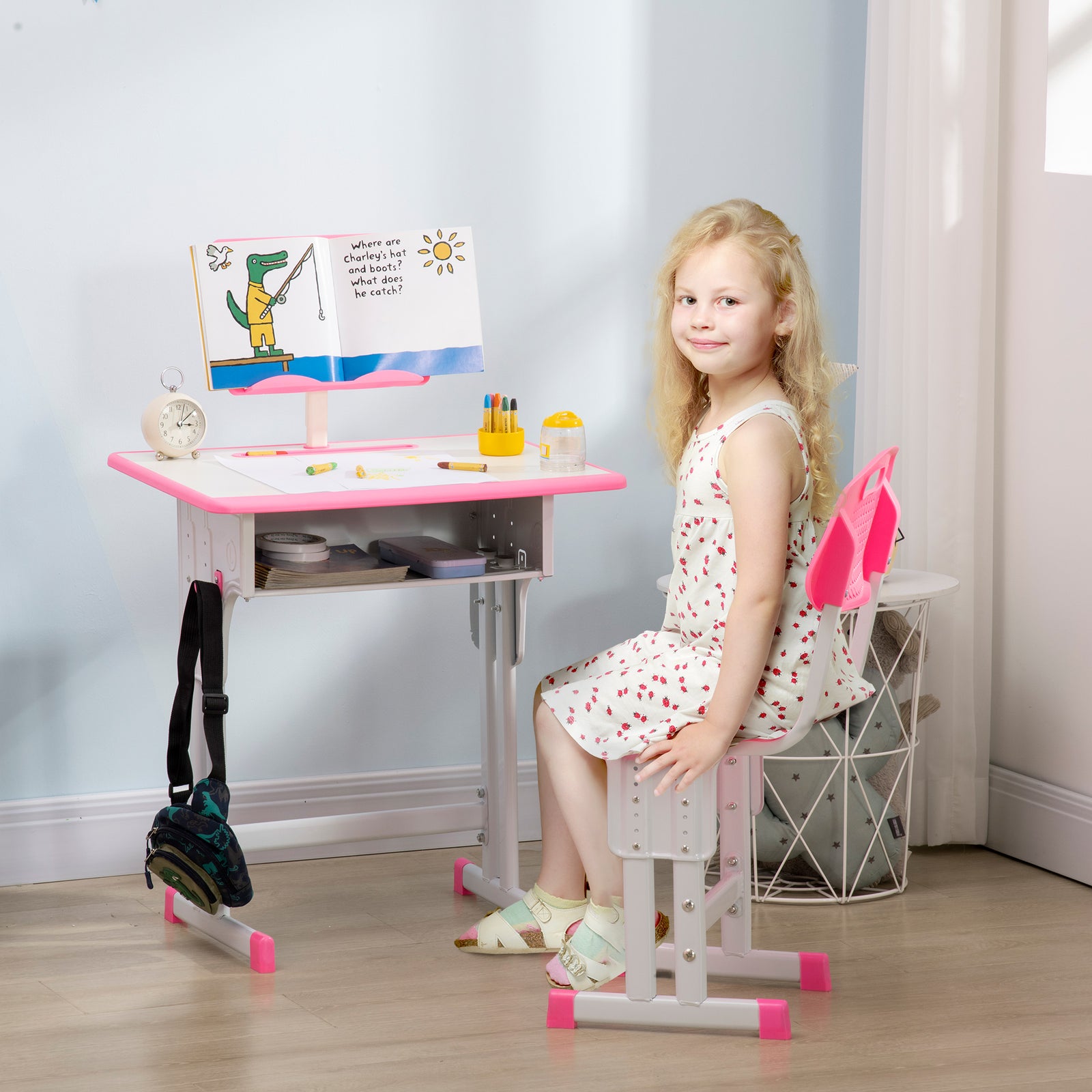 Kids Desk And Chair Set W/ Drawer, Book Stand, Pen Slot | Pink