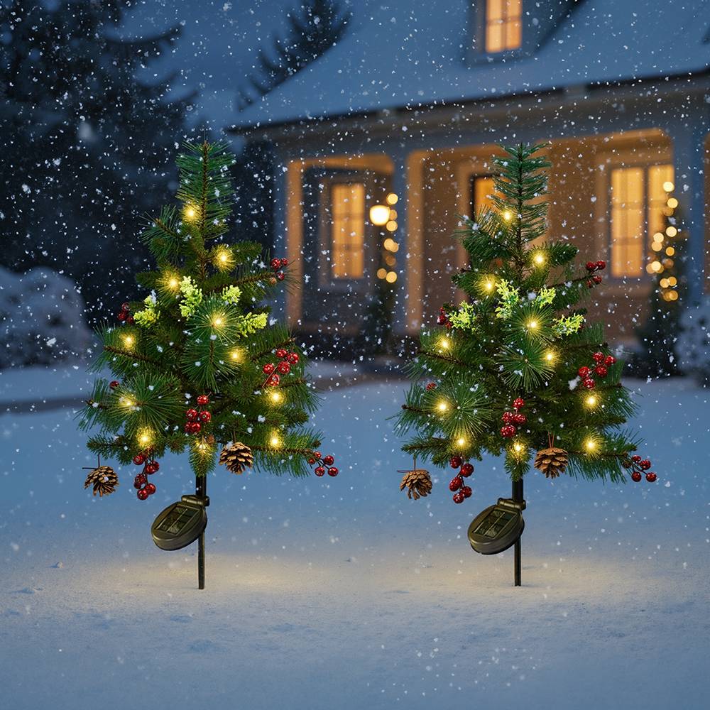Set Of 2 Solar-powered Pre-lit Artificial Christmas Tree Decorations With Lights