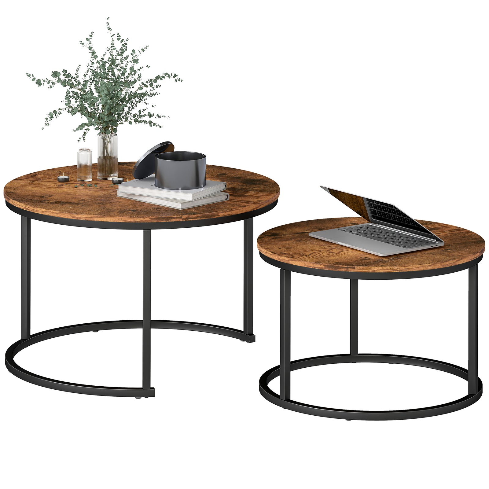 HOMCOM Marble Coffee Table Set Of 2, Round Nest Of Tables, Rustic Brown