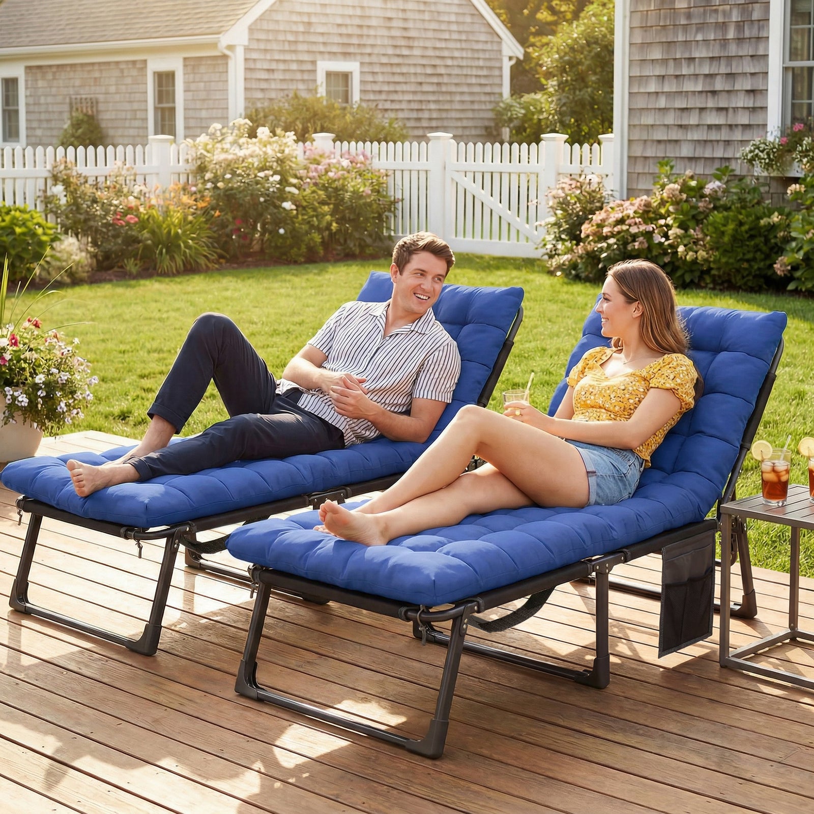 Folding Sun Lounger, Oversized Camping Bed | Set of 2 | Blue