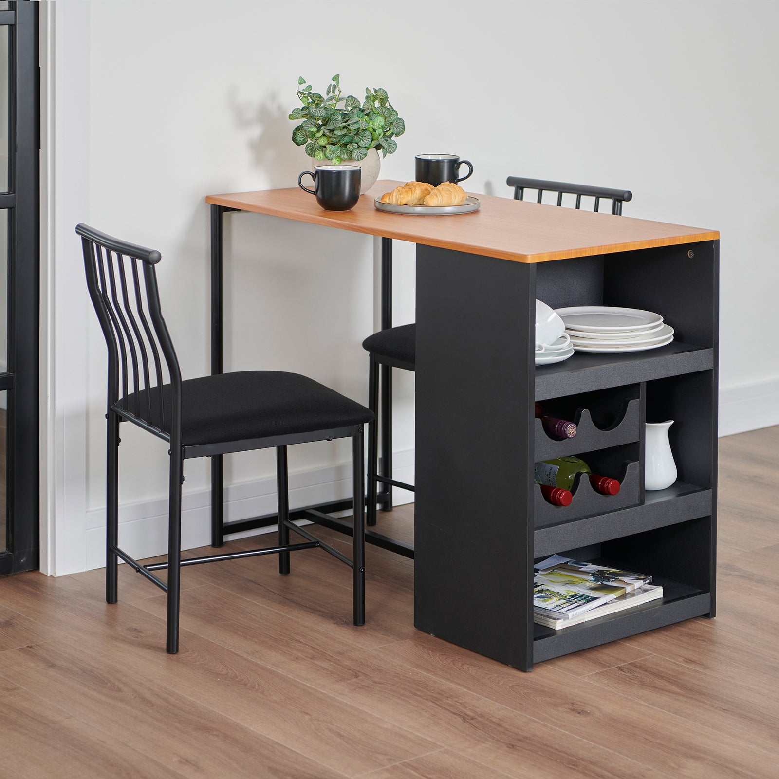 2 Seater Bistro Dining Set with Wine Rack Black Cushioned Seat