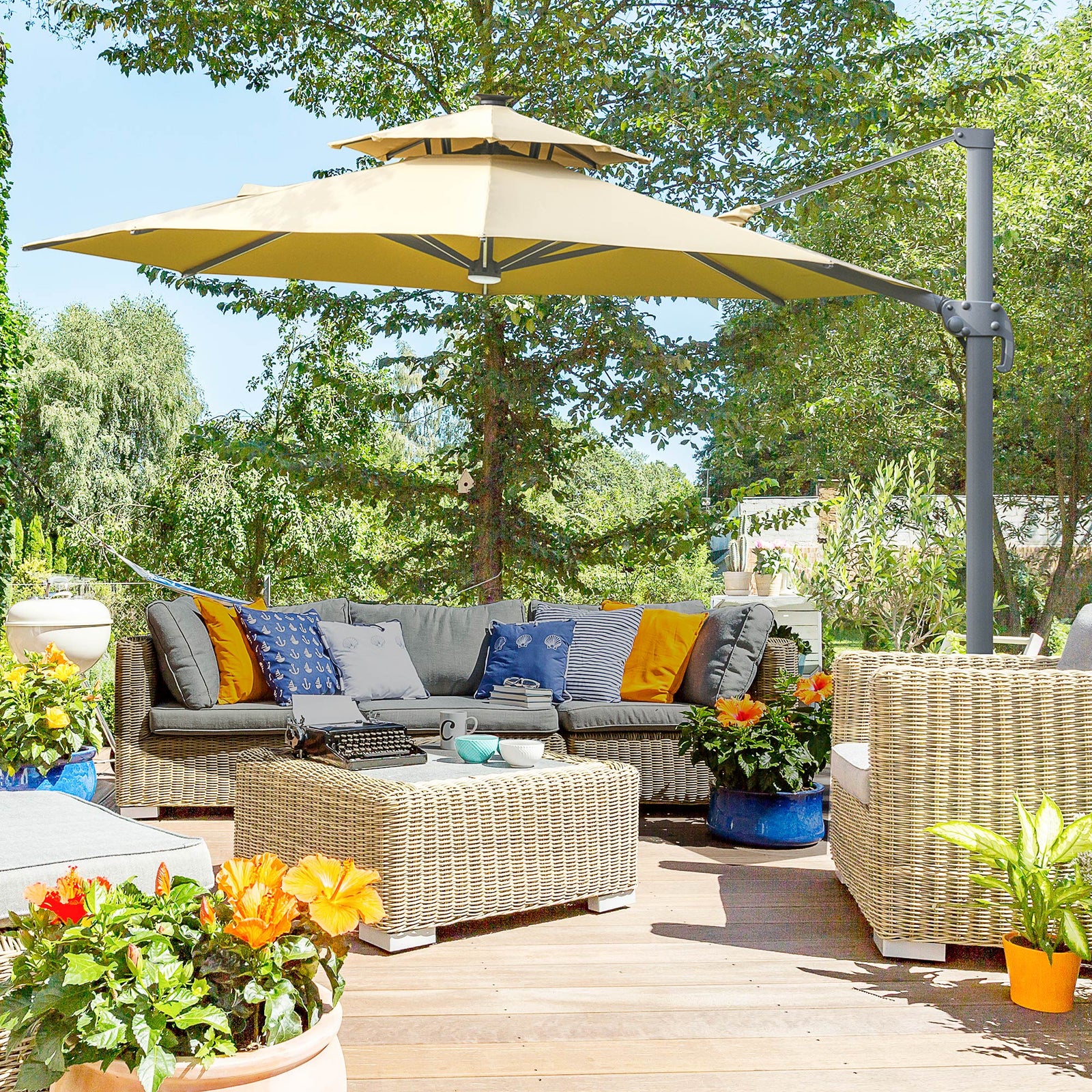 3m Cantilever Parasol W/ Solar Lights & 360° Spin | Beige