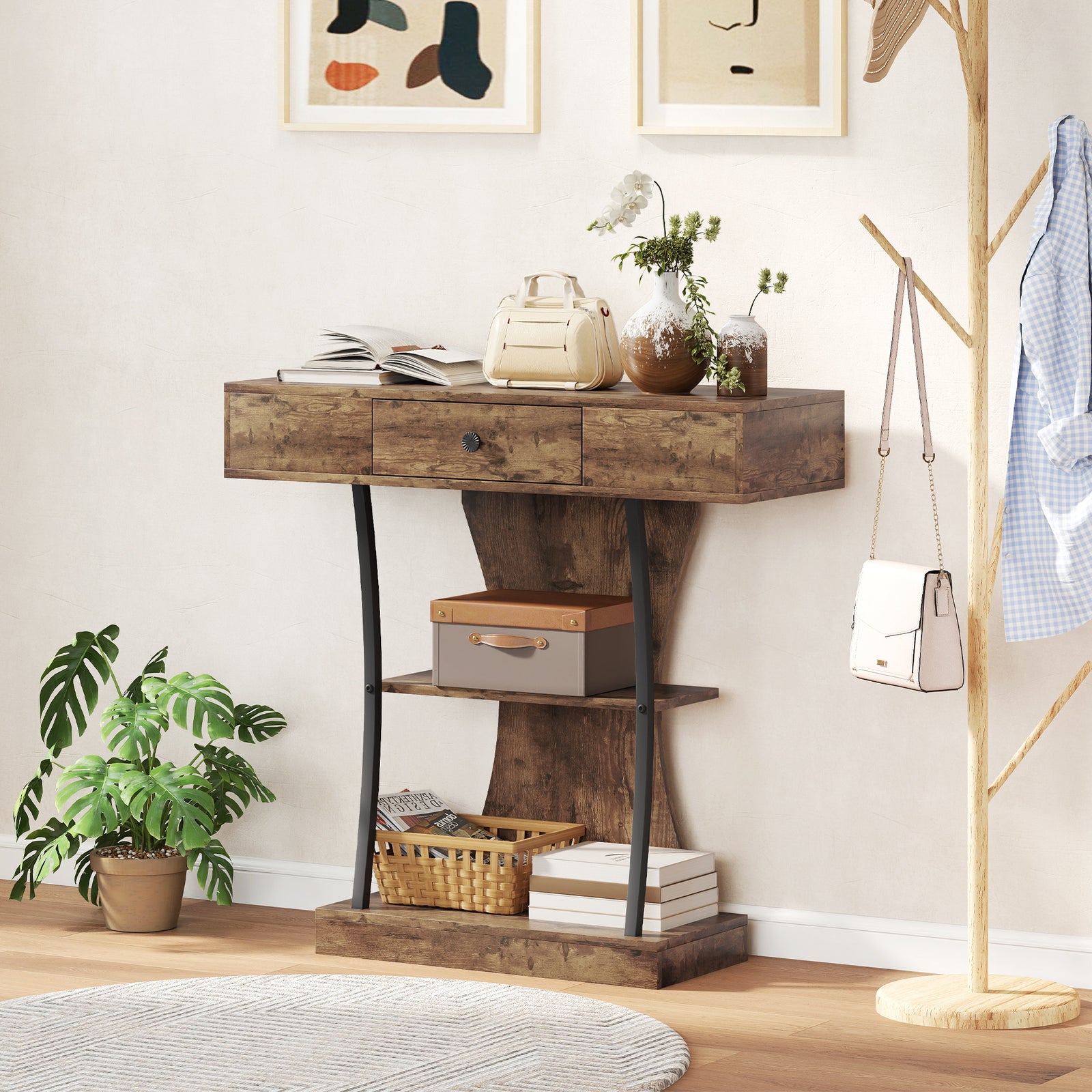 HOMCOM Console Table Hallway Table With Storage Shelves, Rustic Brown