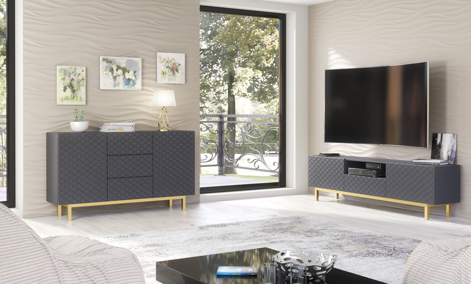 Diamond Luxe Tv Unit 180cm - Deco | Dark Grey