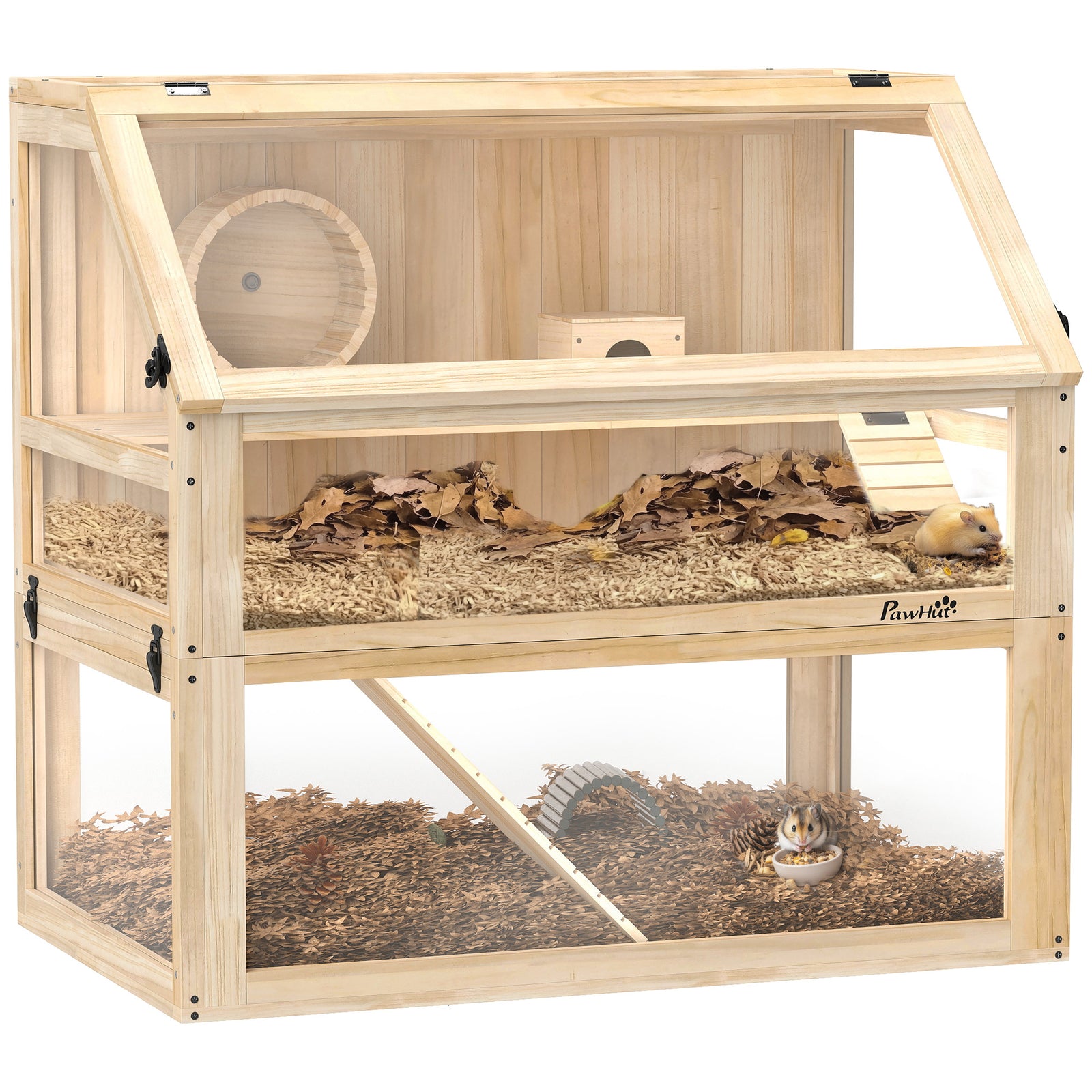 Wooden Hamster Cage W/ Detachable Bottom, Hut, Seesaw, Natural
