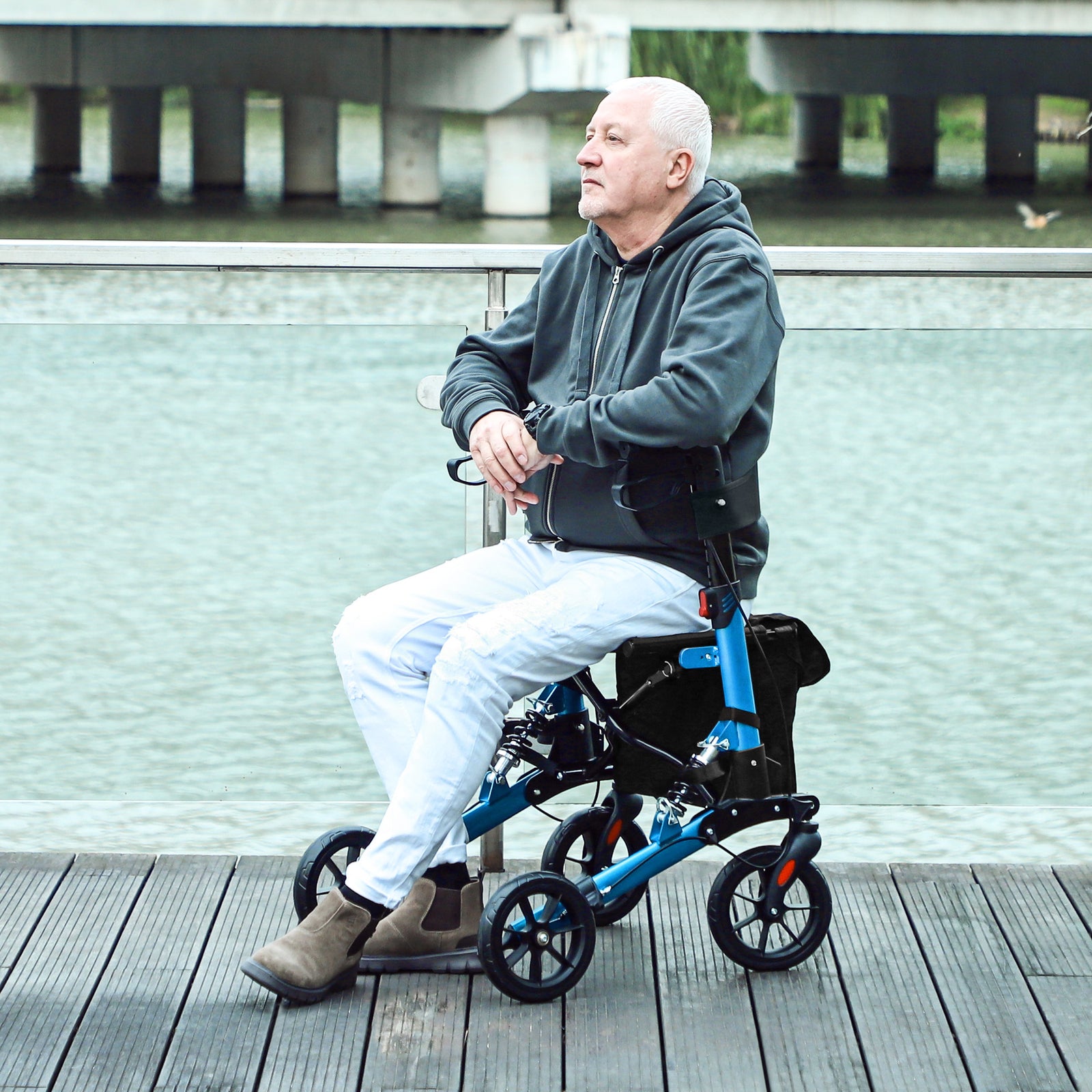 Folding Rollator Walker With Seat, Backrest, Bag, 4 Wheels | One Size | Blue