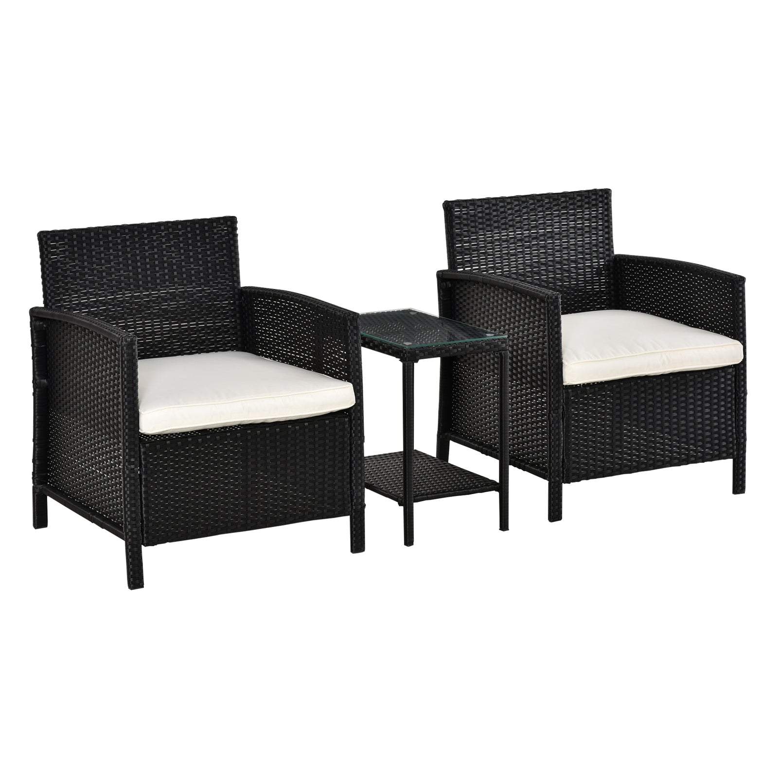 3 Pc Outdoor Rattan Sofa Set W/ Chairs Coffee Table Cushion | Black