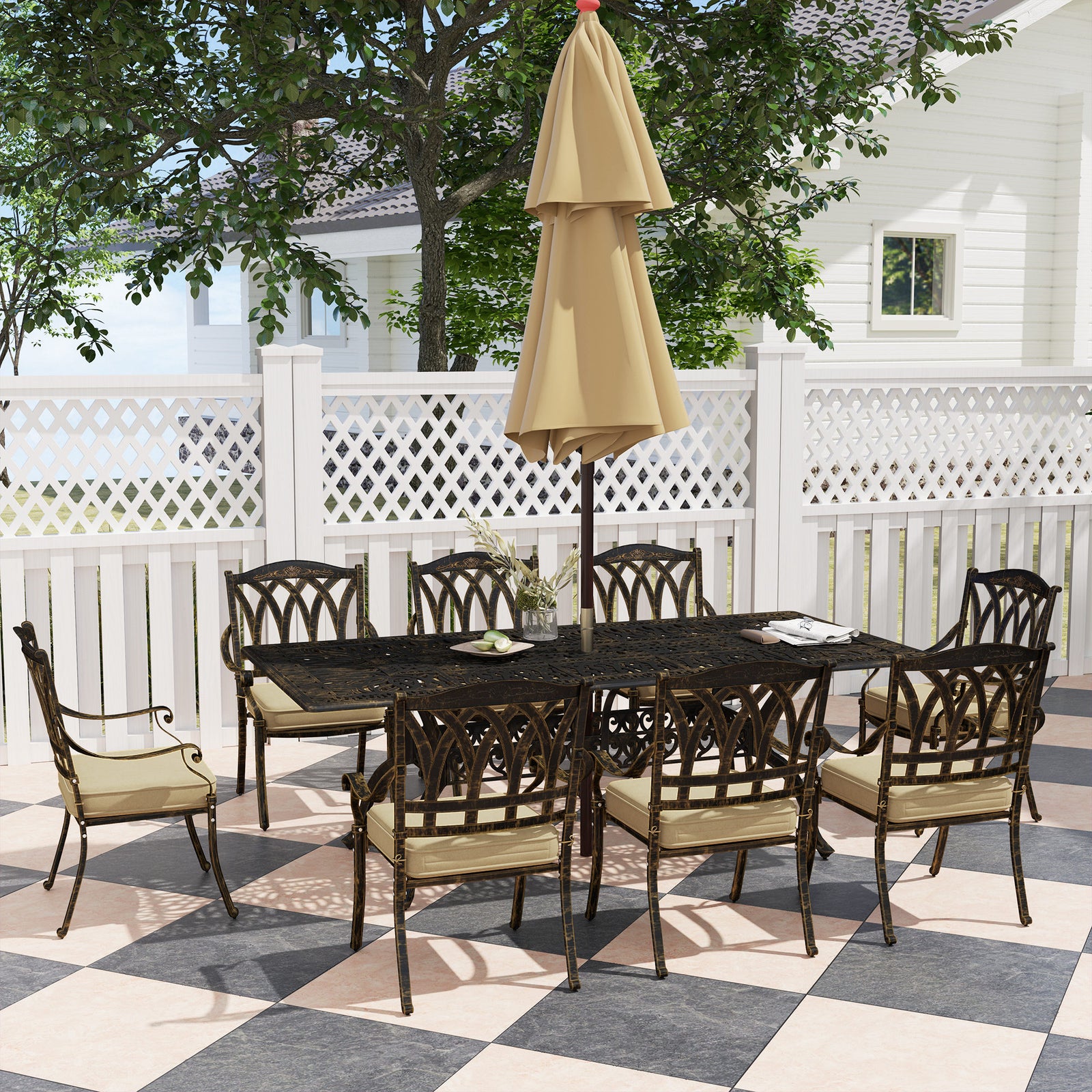 9 Pieces Cast Aluminium Garden Dining Set W/ Parasol Hole