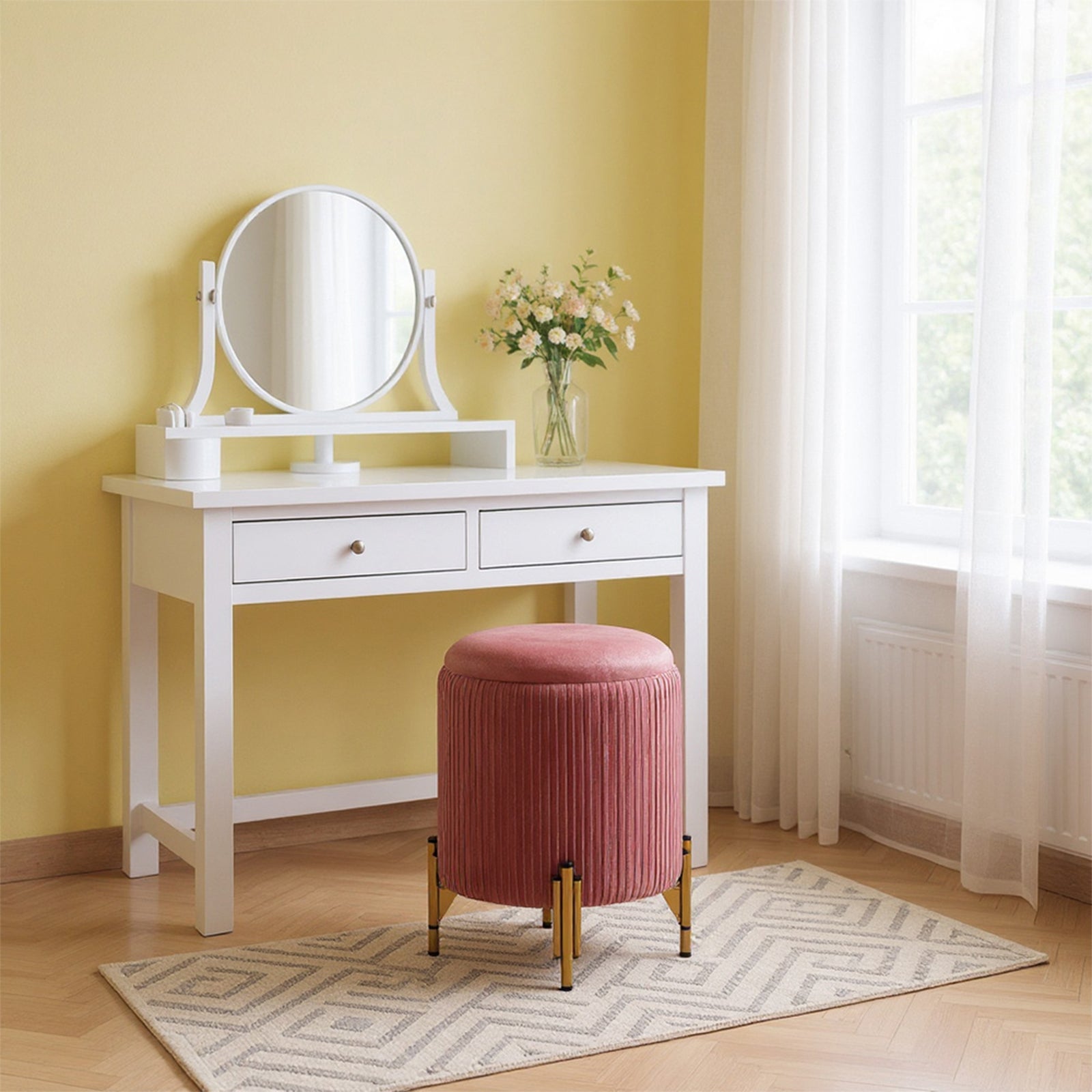 Modern Pleated Storage Ottoman With Metal Base | Dark Pink
