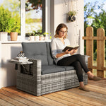 Rattan Garden Sofa With Hidden Side Trays 2 Seater, Dark Grey