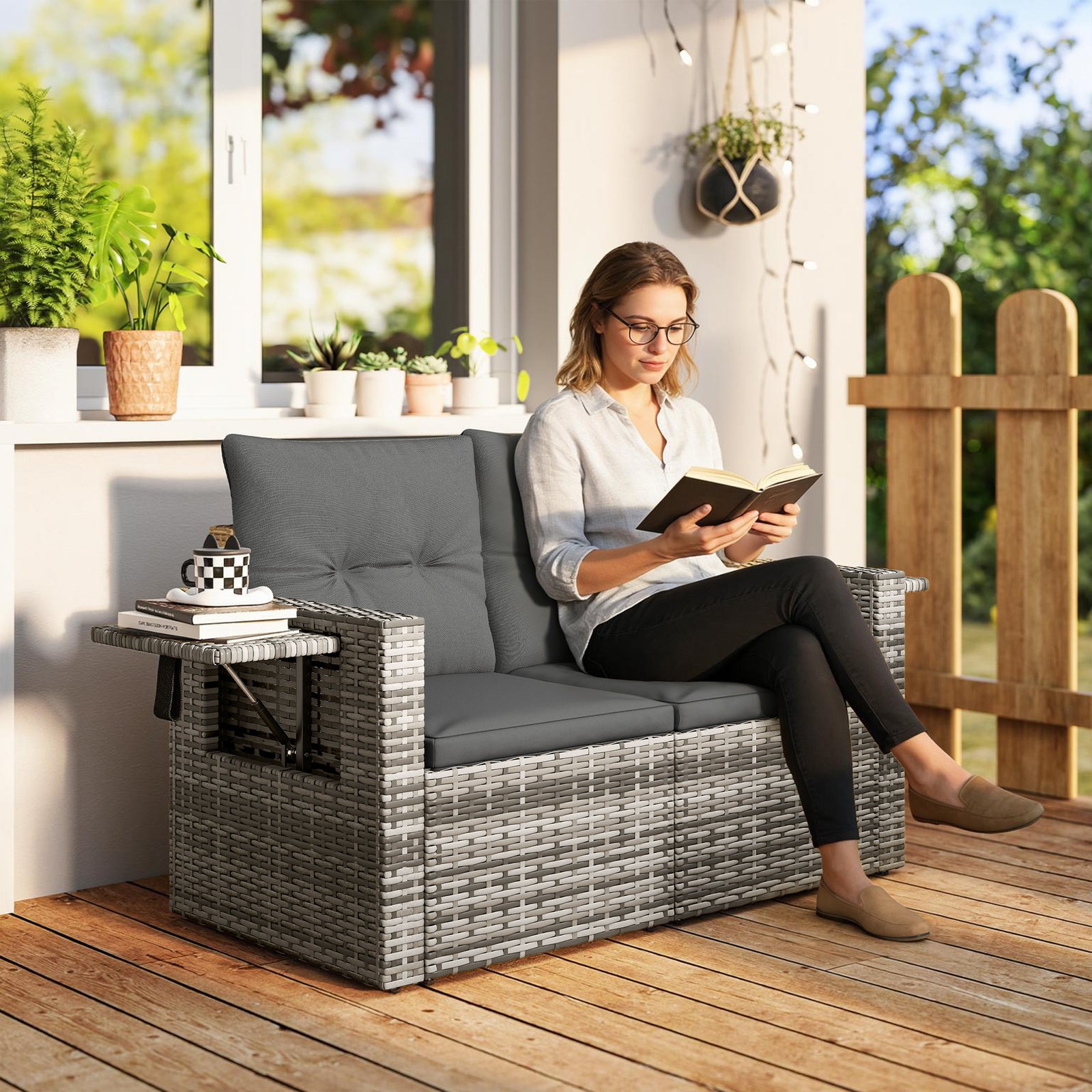 Rattan Garden Sofa With Hidden Side Trays 2 Seater, Dark Grey