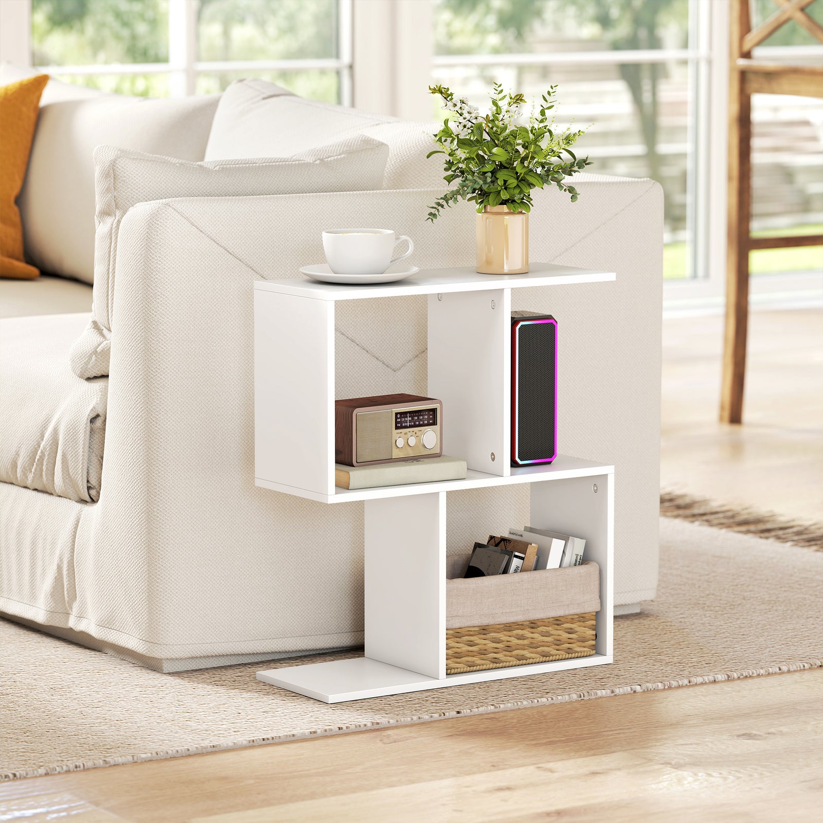 Side Table, Narrow End Table With Storage Shelves | White
