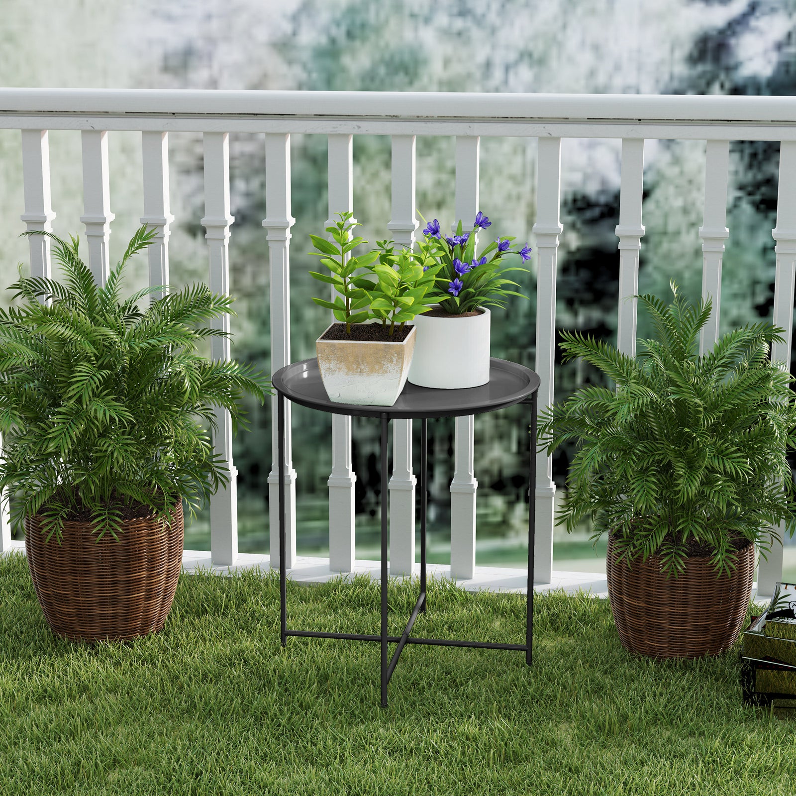 46cm Round Garden Table, Small Side Table W/ Removable Tray | Black