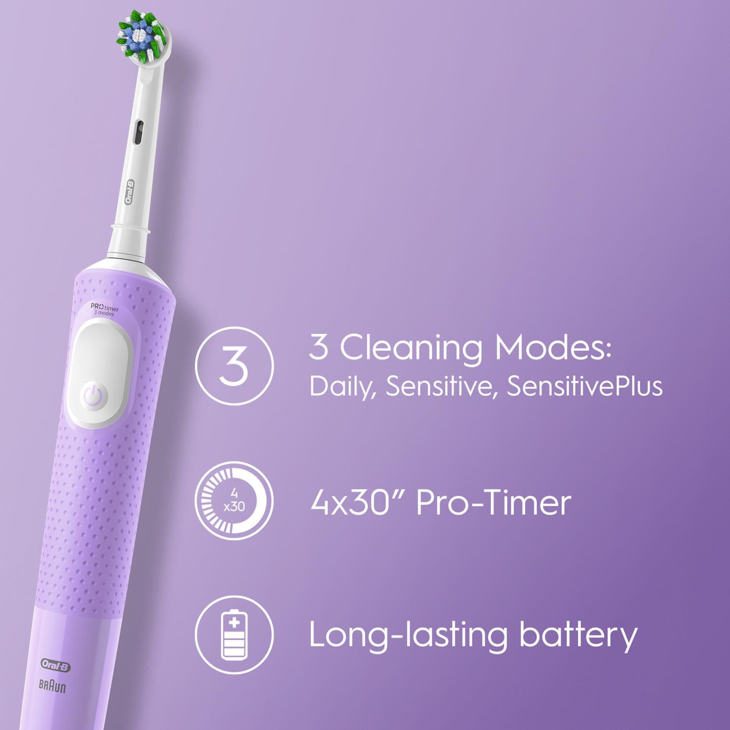 Vitality Pro Electric Rechargeable Toothbrush With 2 Brush Heads, Lilac