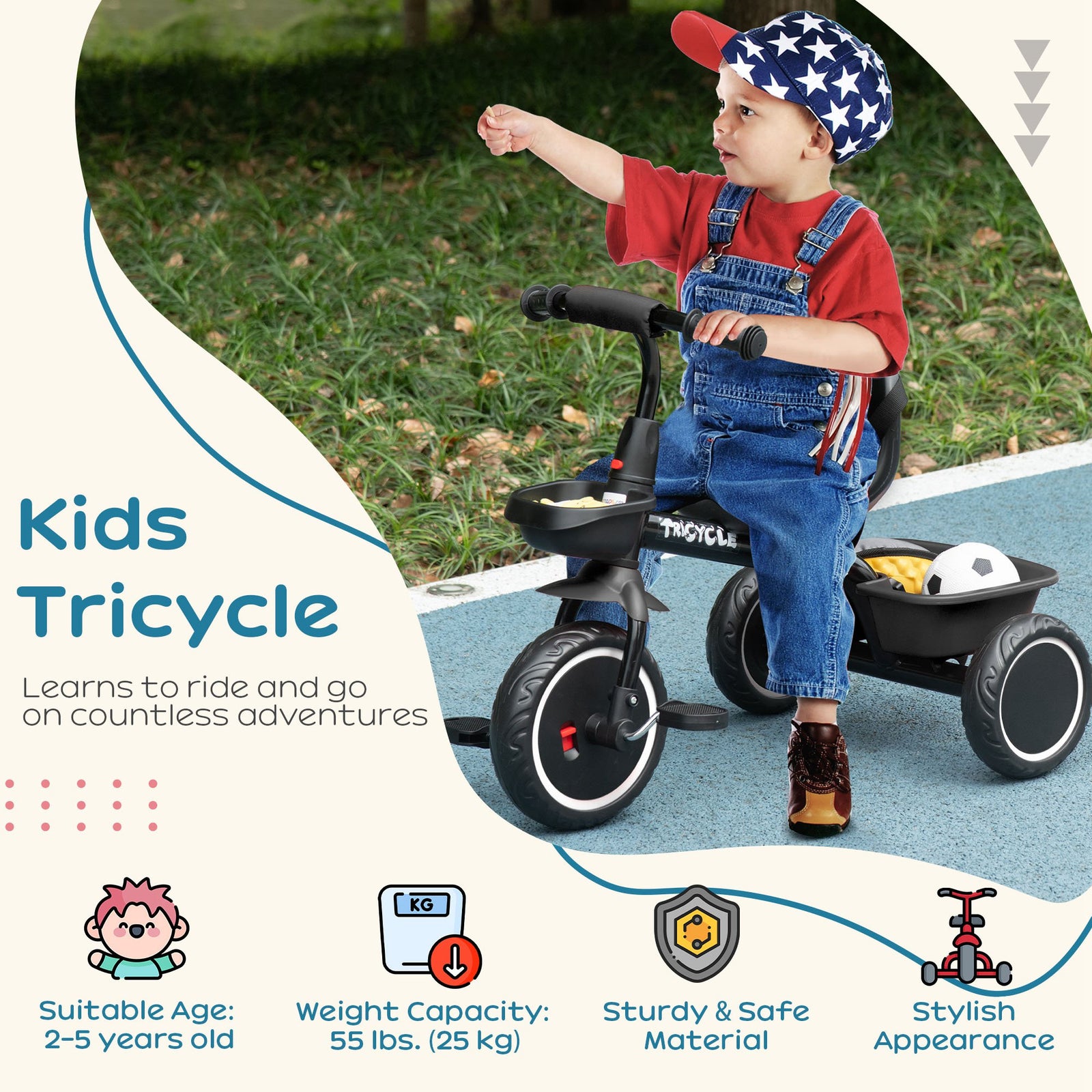 Kids Trike For 2 To 5 Years With Adjustable Seat, Baskets | Black