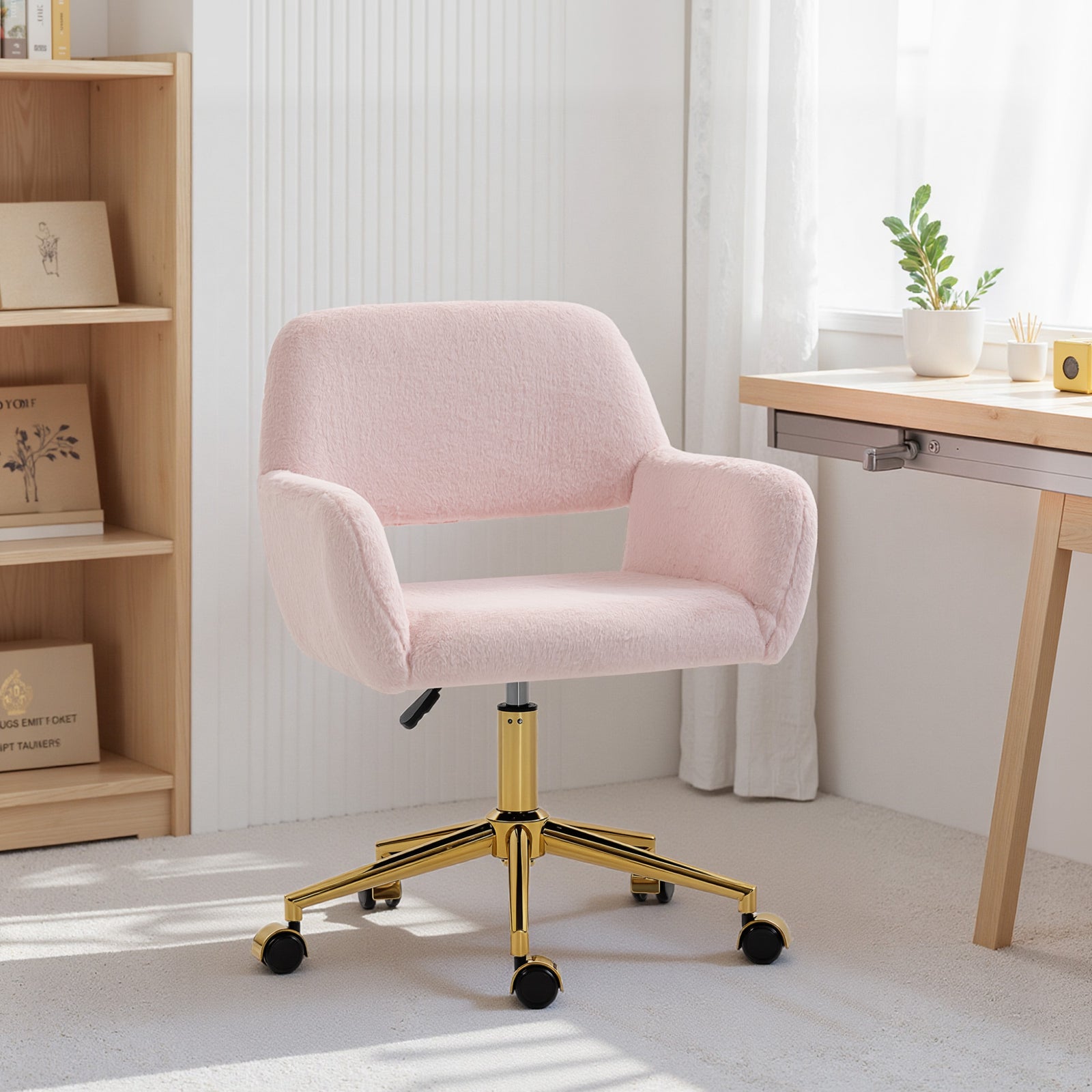 Swivel Office Chair, Vanity Desk Chair With Adjustable Height, Wheels | Pink